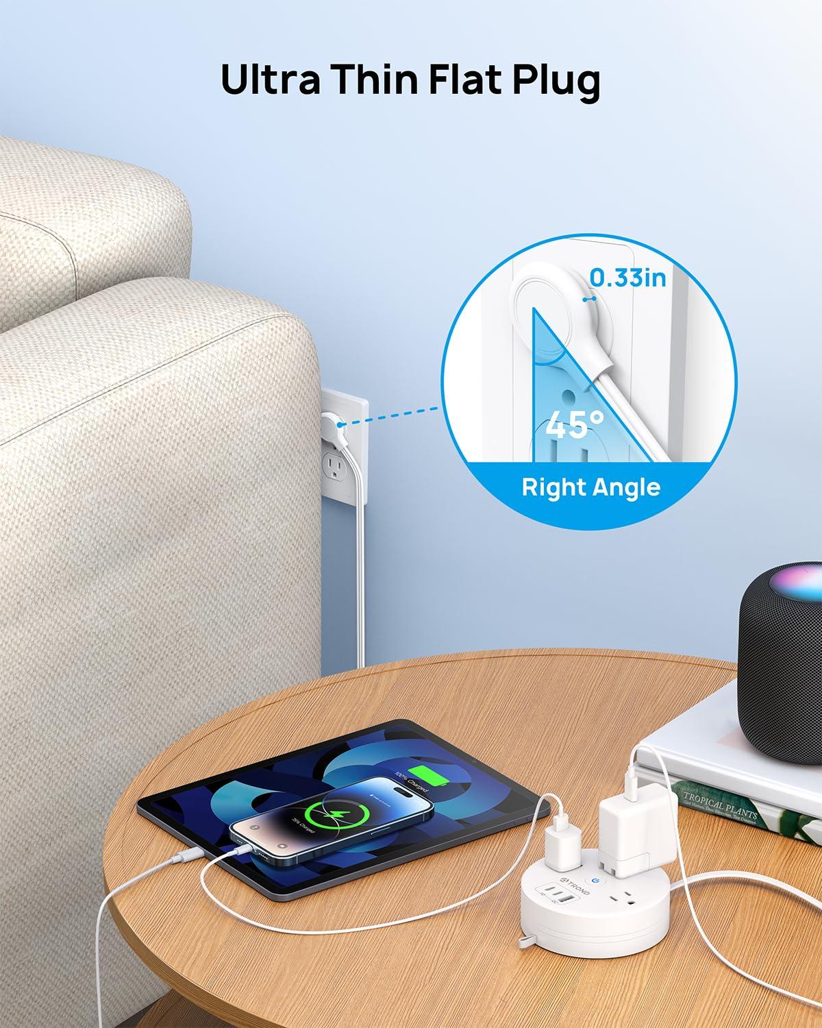 TROND 20W USB C Travel Power Strip - Retractable Extension Cord 5ft Ultra Thin Flat Plug, Power Strip with 3 AC Outlets and USB C Fast Charging, Cruise Ship Essentials, for Home Hotel Dorm Room, White - Image 4