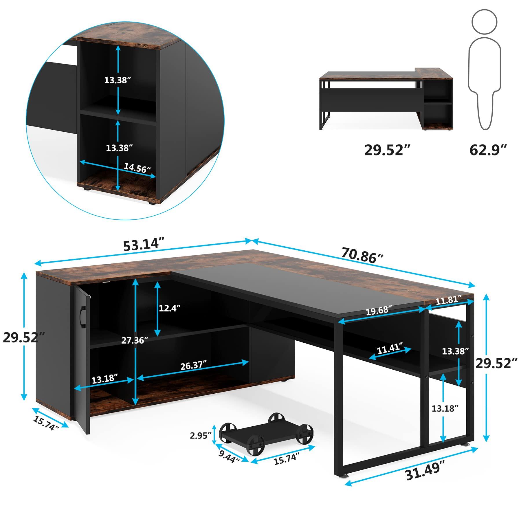 Tribesigns 71 inch Executive Desk, L Shaped Desk with Cabinet Storage, Executive Office Desk with Shelves, Business Furniture Workstation for Home Office, Brown and Black - Image 2