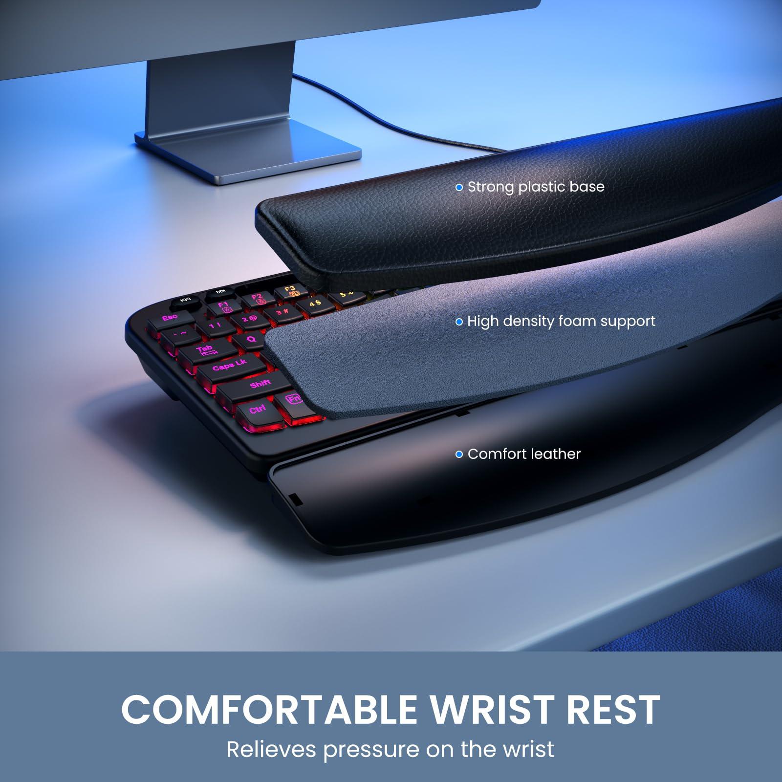 VEILZOR Ergonomic Backlit Keyboard with Wrist Rest, 7 Colors USB Wired Computer Keyboard, Wave Keys, with Phone/Tablet Holder, Comfortable Lighted Keyboard for PC, Windows and Mac - Image 3