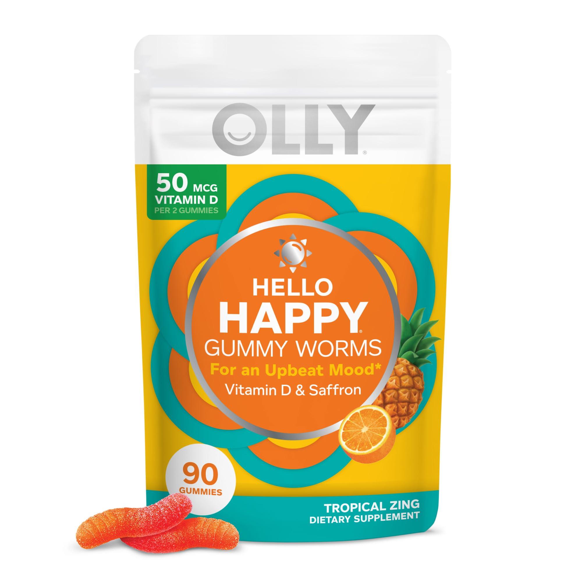 OLLY Hello Happy Gummy Worms, Mood Balance Support, Vitamin D, Saffron, Adult Chewable Supplement, Gluten Free, Tropical Zing - 90 Count