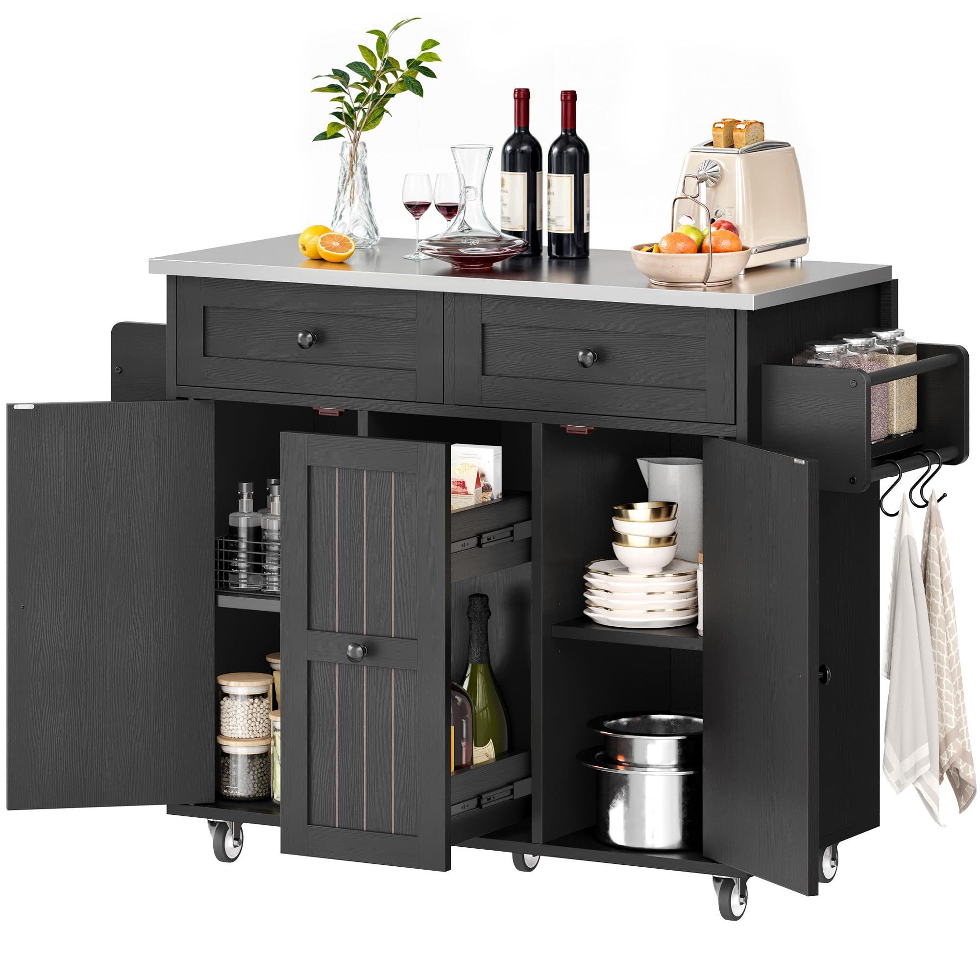 DWVO Kitchen Island on Wheels, Mobile Kitchen Island Cart with Folding Drop Leaf Breakfast Bar, Island Table for Kitchen with Large Storage Cabinets, Racks, Drawers and Adjustable Shelves, Black - Image 7