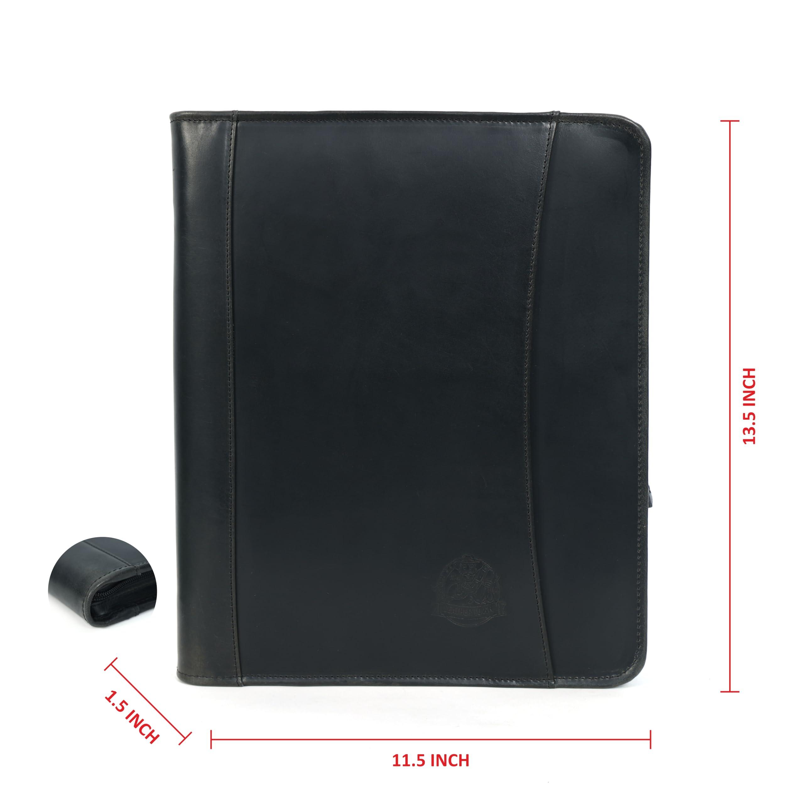 Leather Portfolio for Men, Portfolio Organizer with Zipper for Men Women, Leather Padfolio Business Resume Legal Pad Portfolio Notebook Binder for A4/Pad, Leather Folio Leather Folder (Black) - Image 2