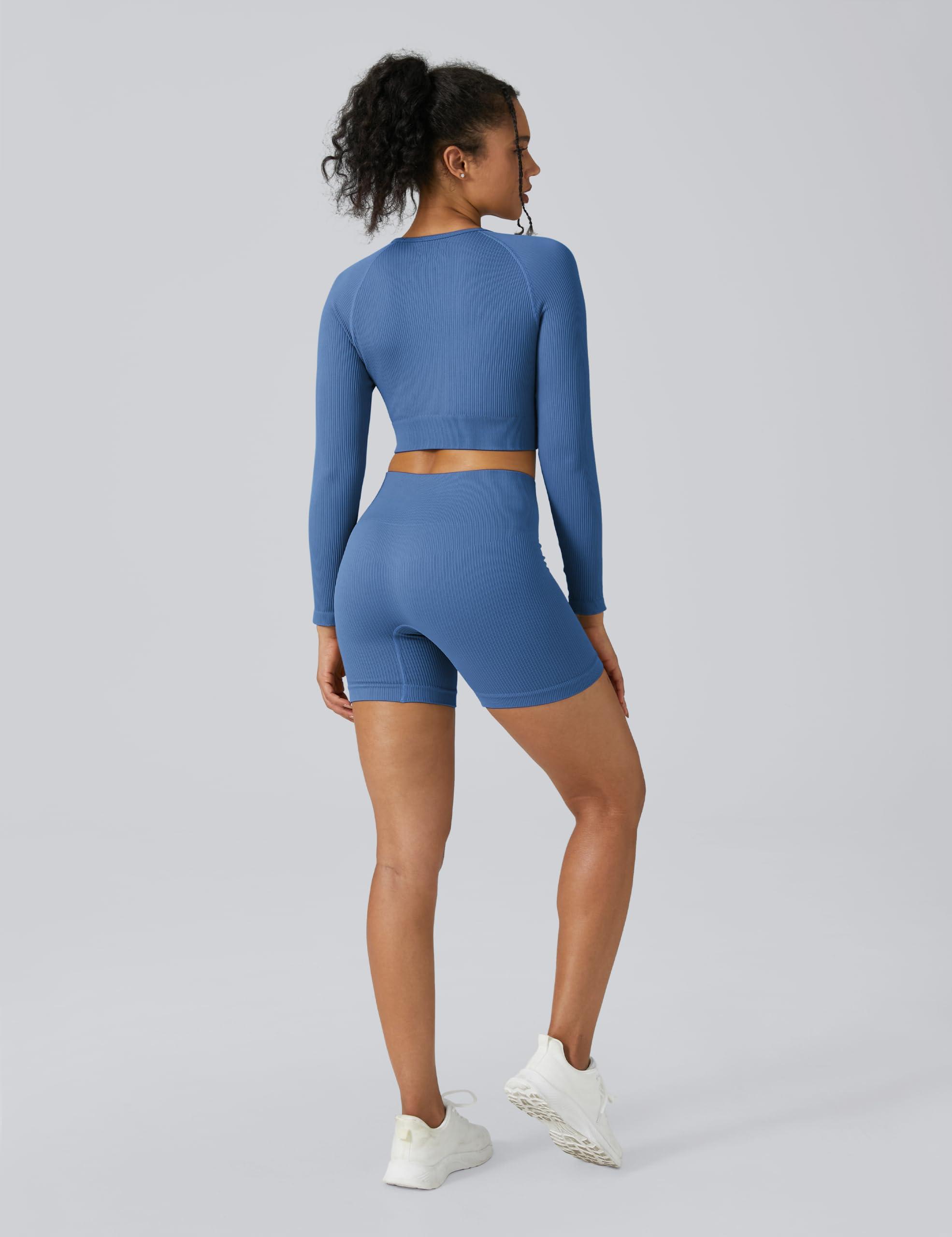 Buttergene Women Workout Sets 2 Pieces Long Sleeve Yoga Outfits Gym Clothes Seamless Ribbed Crop Top High Waist Leggings - Image 3