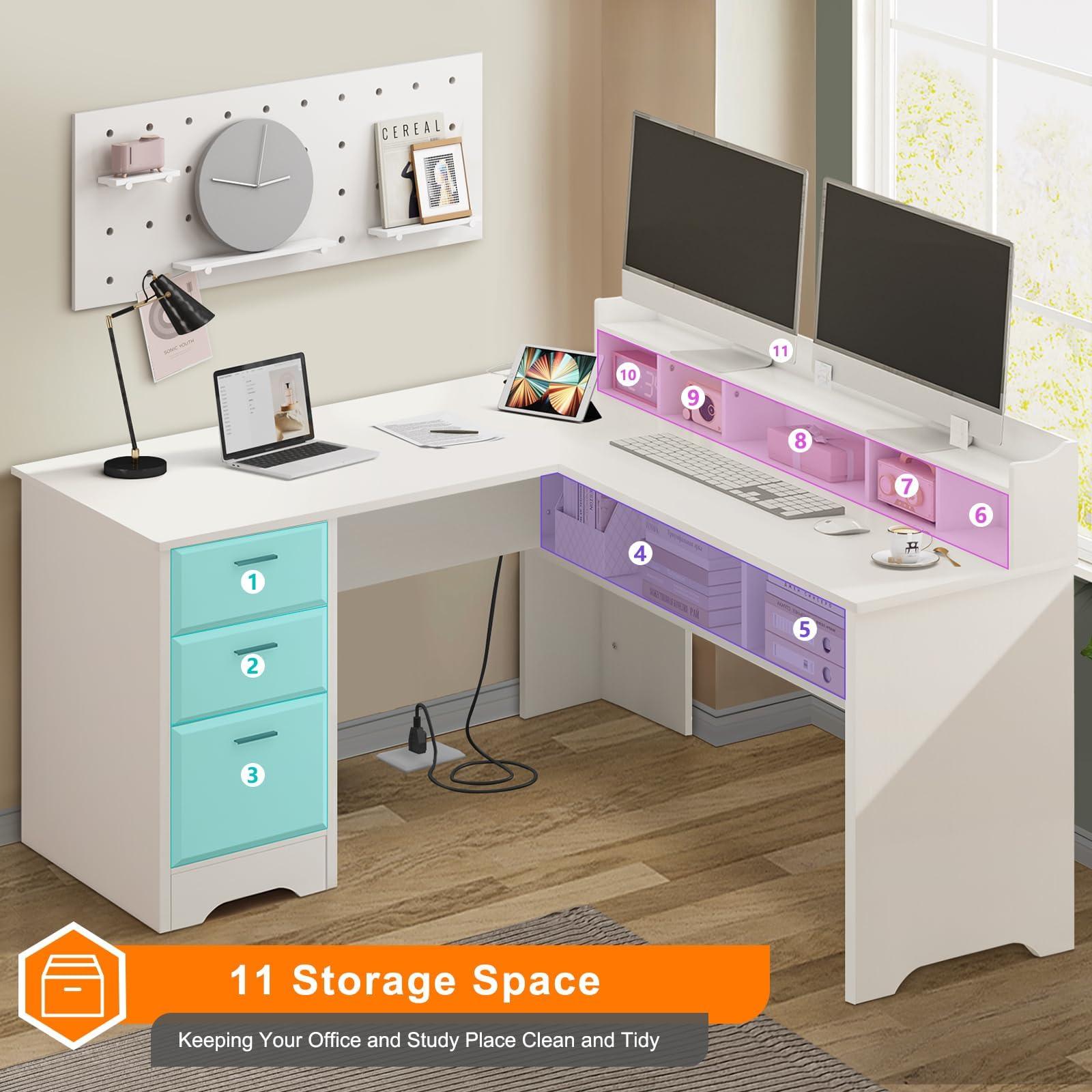 White L Shaped Desk with 3 Drawers, 60 inch Corner Desk with Moveable Hutch and Power Outlet, Large Home Office Corner Computer Desk with Storage File Cabinet - Image 7