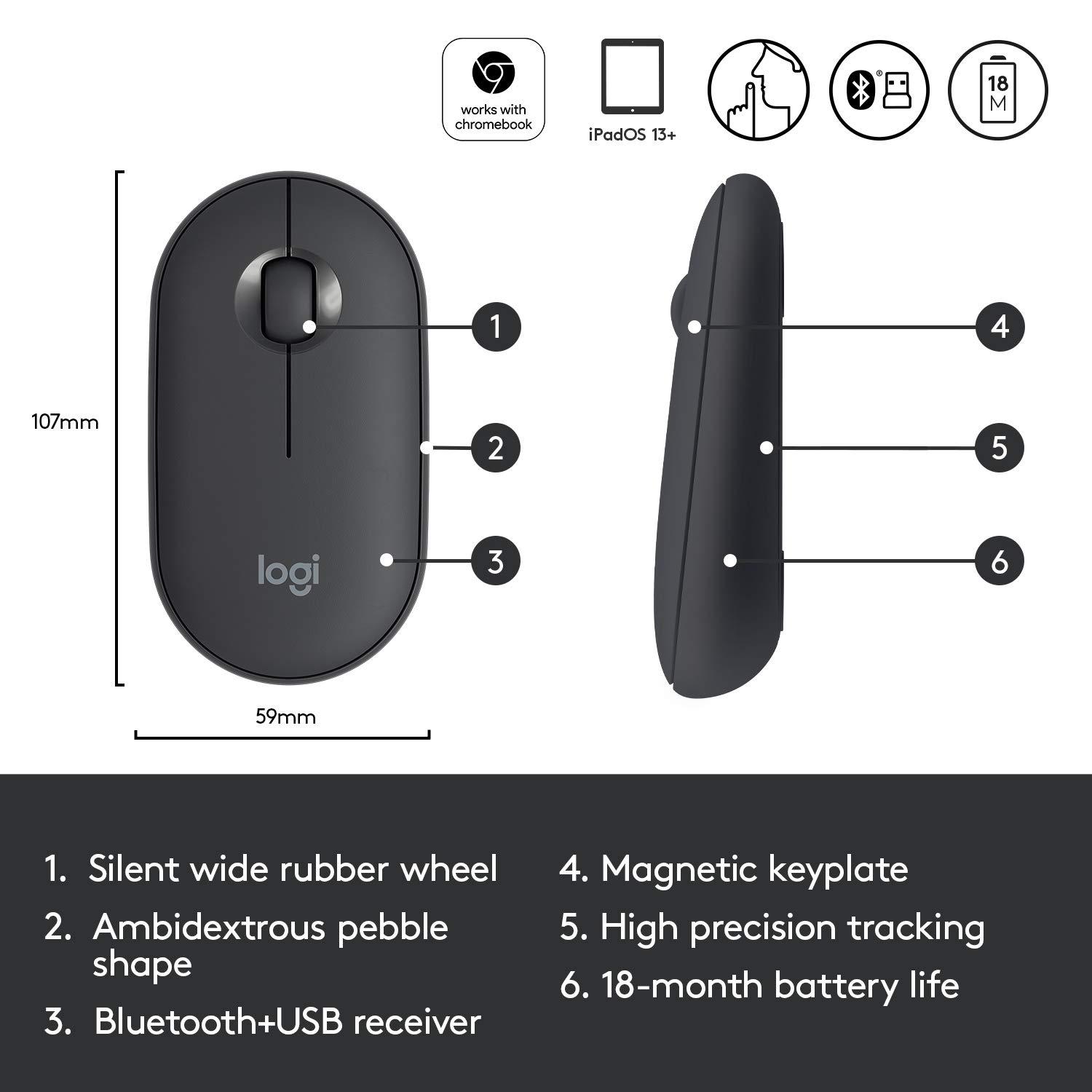 Logitech Pebble Wireless Mouse with Bluetooth or 2.4 GHz Receiver, Silent, Slim Computer Mouse with Quiet Clicks, for Laptop/Notebook/iPad/PC/Mac/Chromebook - Graphite - Image 6