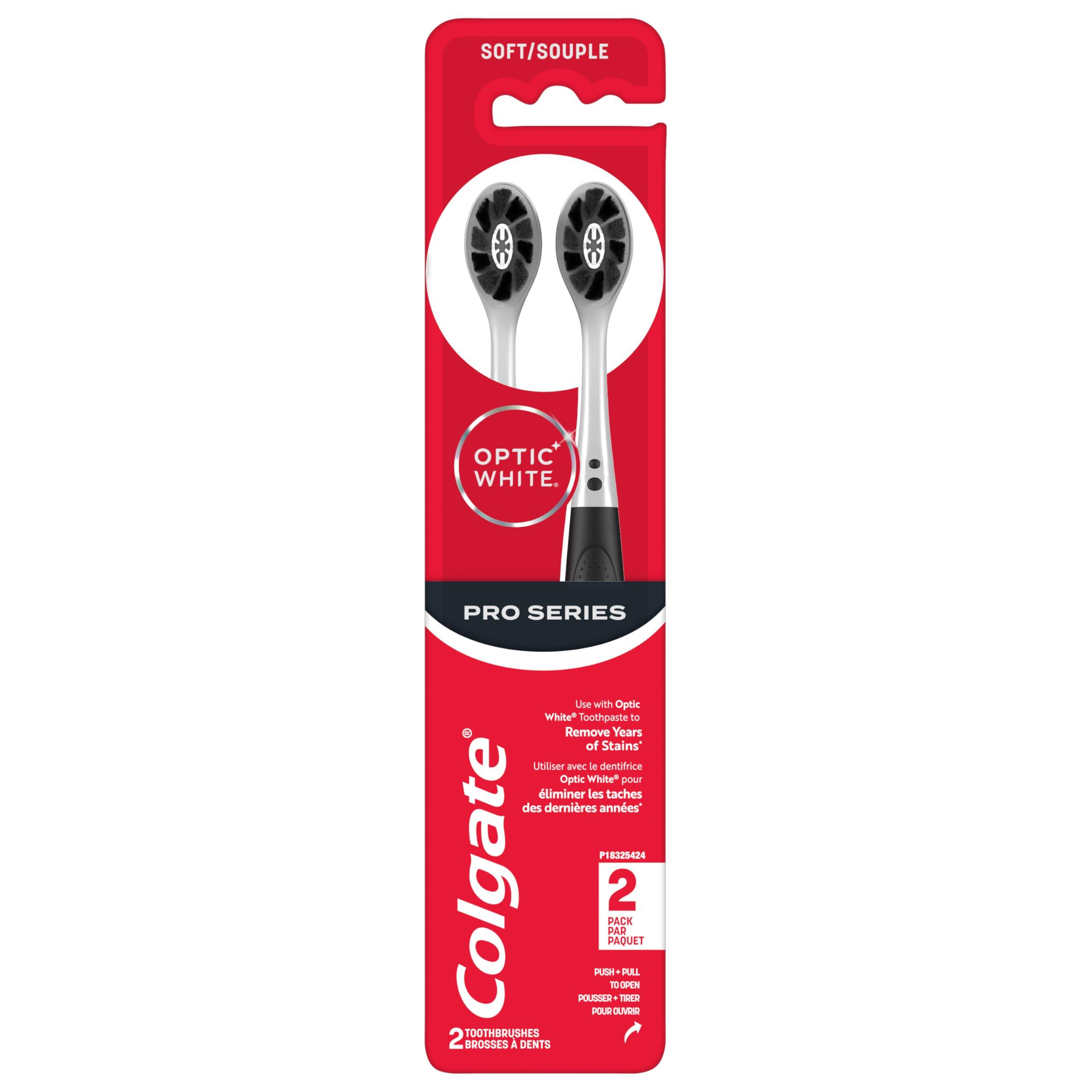 Colgate Optic White Pro Series Whitening Charcoal Toothbrush for Stain Removal, Soft Bristles, 2 Pack