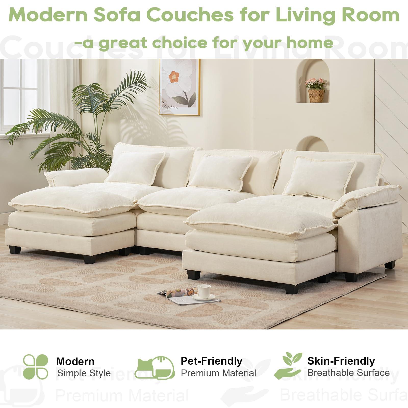 Oprisen 120" Modular Sectional Sofa, Comfy Cloud Couch Sectional Sofa with Ottoman, Chenille Sofa Sleeper Deep Seat Sofa with Throw Pillows for Living Room (Beige White, 120"- U Shape) - Image 7