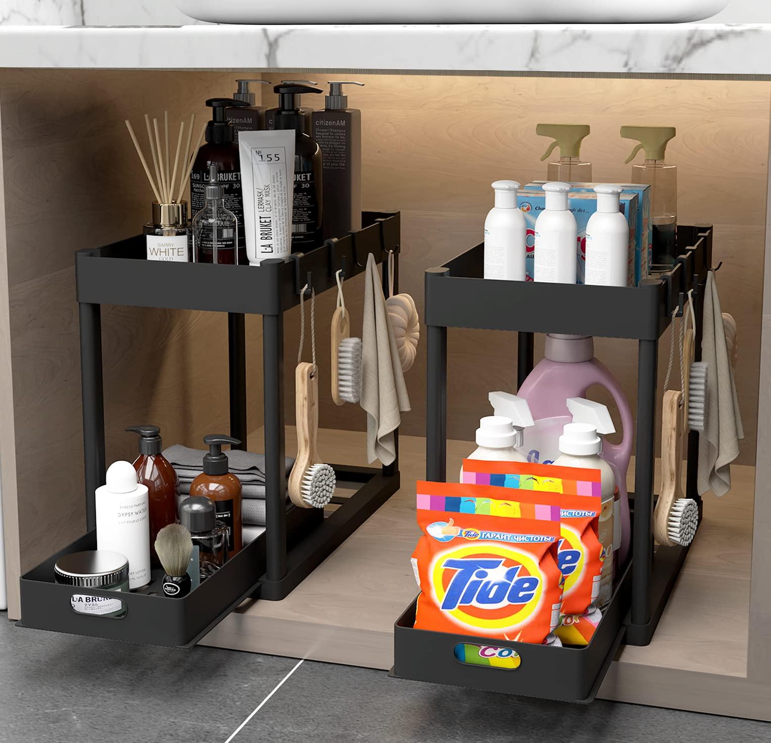POUGNY 2PC Under Sink Organizer Rack 2 Tier Under Sliding Cabinet Basket Organizer Drawer with 4 Hooks, Multi-purpose Under Sink Storage for Bathroom Kitchen Desktop（Black） - Image 8