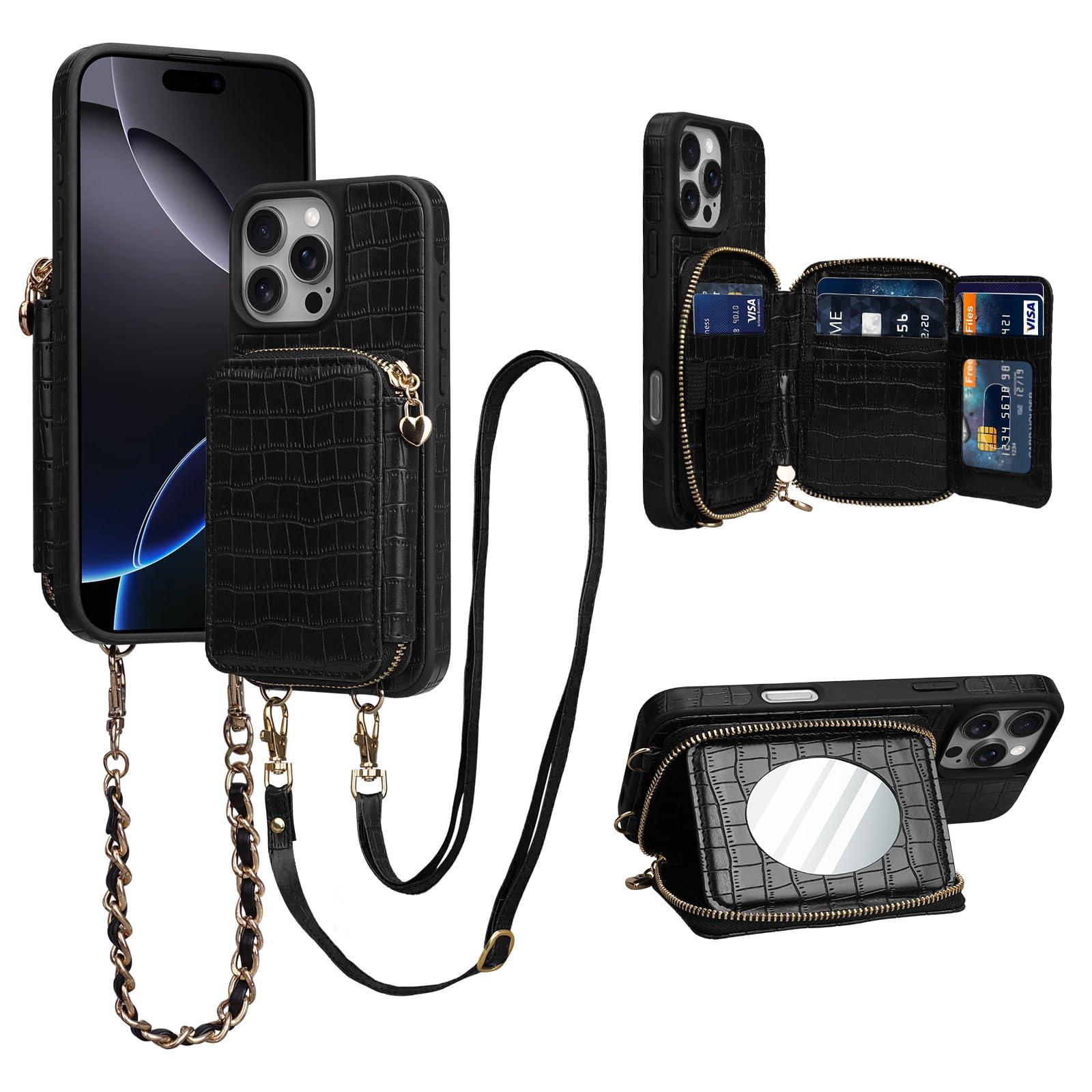 Stylivolve Crossbody Mirror Case Wallet for iPhone 16 Pro Max with Strap, RFID Blocking Card Holder, Zippered Purse Phone Cover for Women - 6.9", (Black)