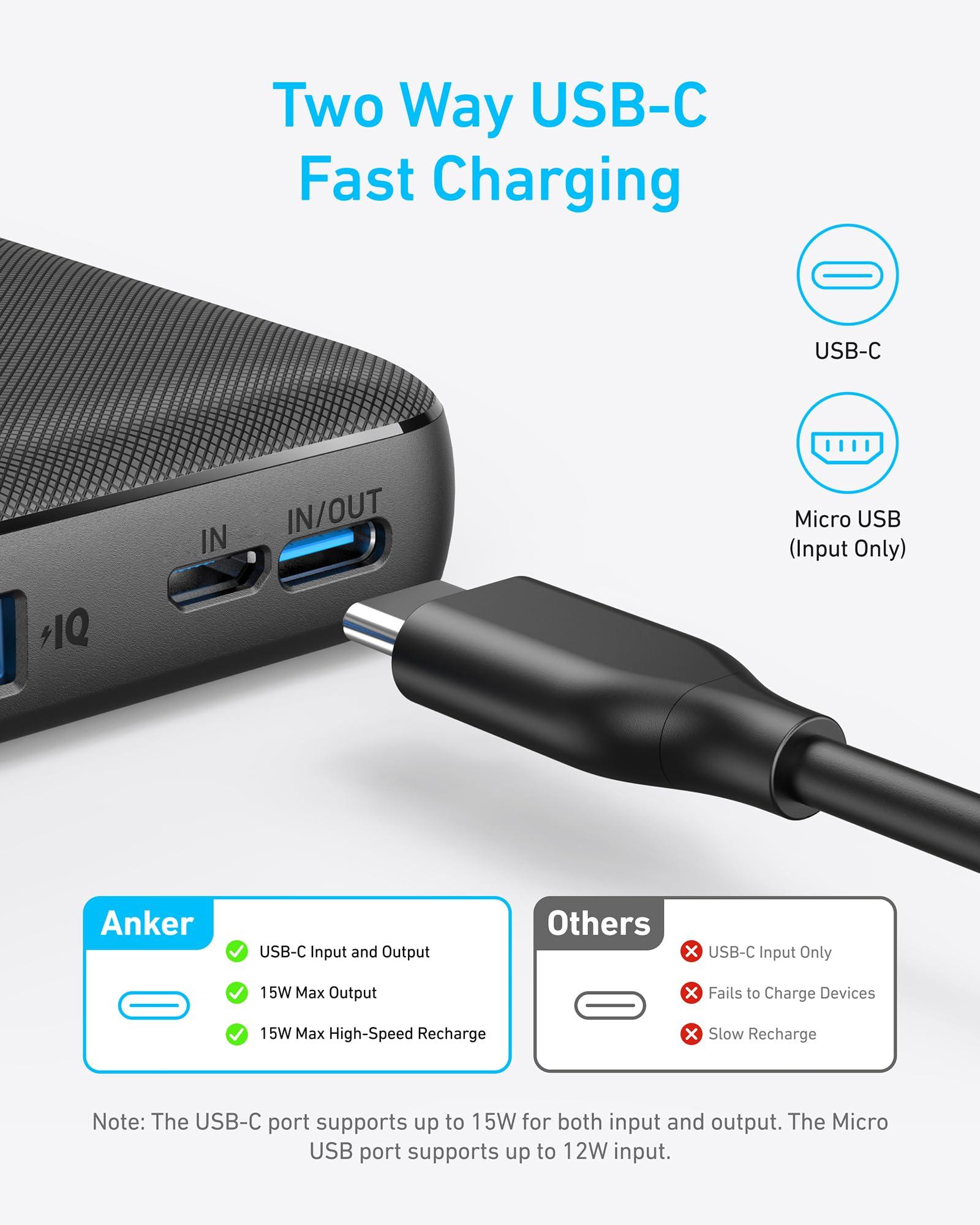 Anker Power Bank(PowerCore 10K),Compact Travel-Ready 10,000mAh Battery Pack with PowerIQ Charging Technology,5V/3A High-Speed Charging for iPhone,iPad,and More (USB-C Input and Output（Black），1pack) - Image 3