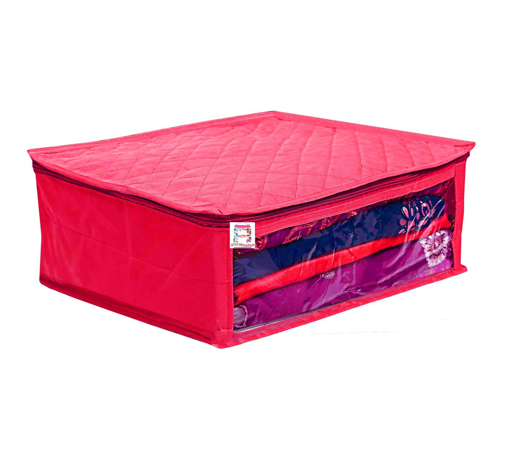 atorakushon Fabric Satin Foldable Saree Covers Cloth Garments Storage Bag Wardrobe Organizers with Strong Zippers & Transparent Window Pack of 6 Pink - Image 2