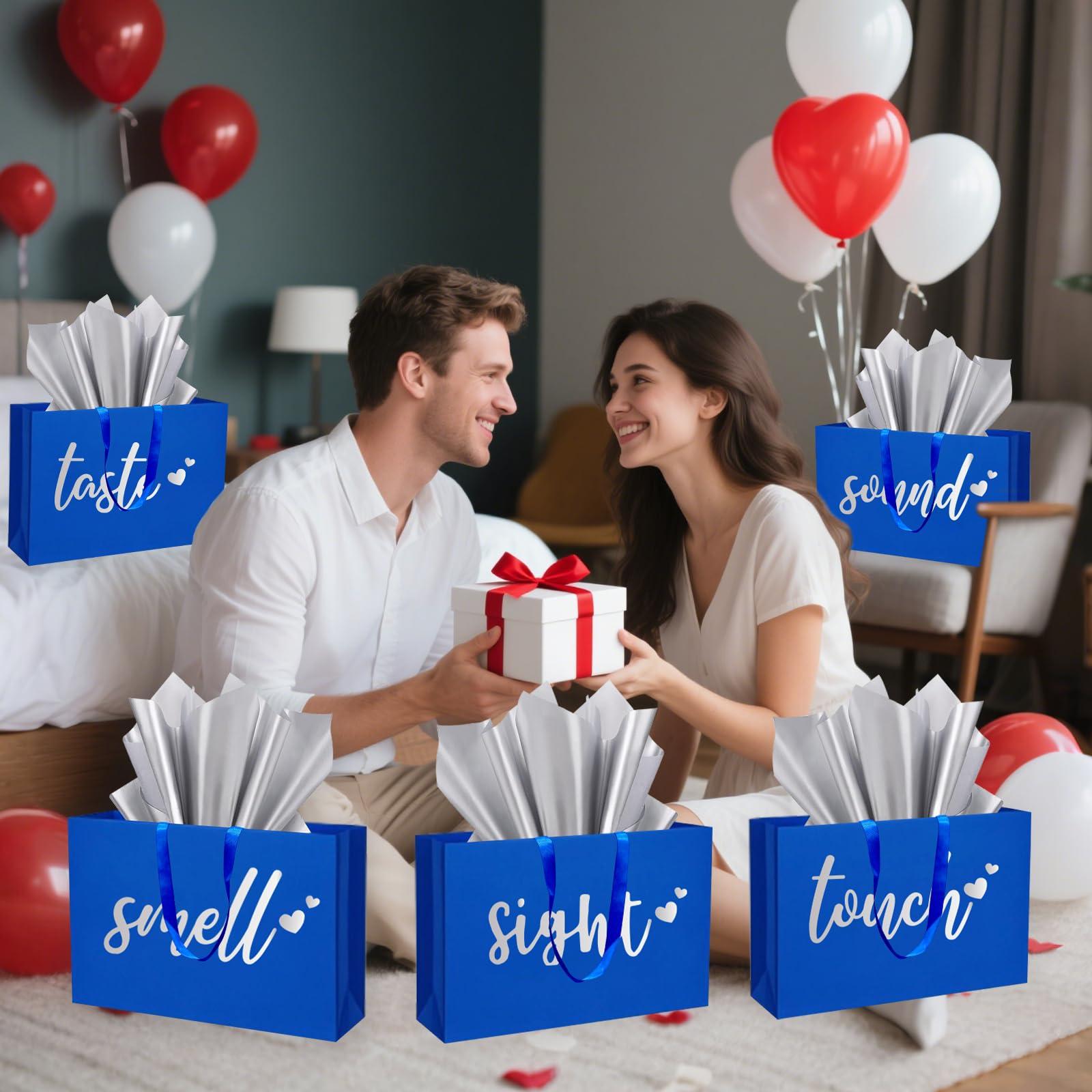 YIXAXKAO 5 Senses Gift Bags Five Senses Gift Bags with Tissue Paper Kraft Paper Bag with Ribbon Handles for Anniversary, Valentine's Day, Birthday for Him Husband Boyfriend (Blue Silver) - Image 4