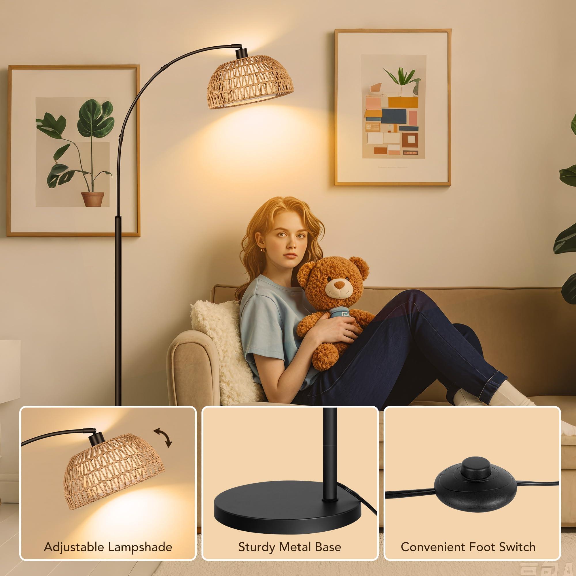 ROTTOGOON Arc Rattan Floor Lamps for Living Room with 3 Color Temperatures, Boho Floor Lamps with Foot Switch, Bohemian Farmhouse Standing Tall Lamps for Bedroom, Office, Bulb Included, 9W, Black - Image 4