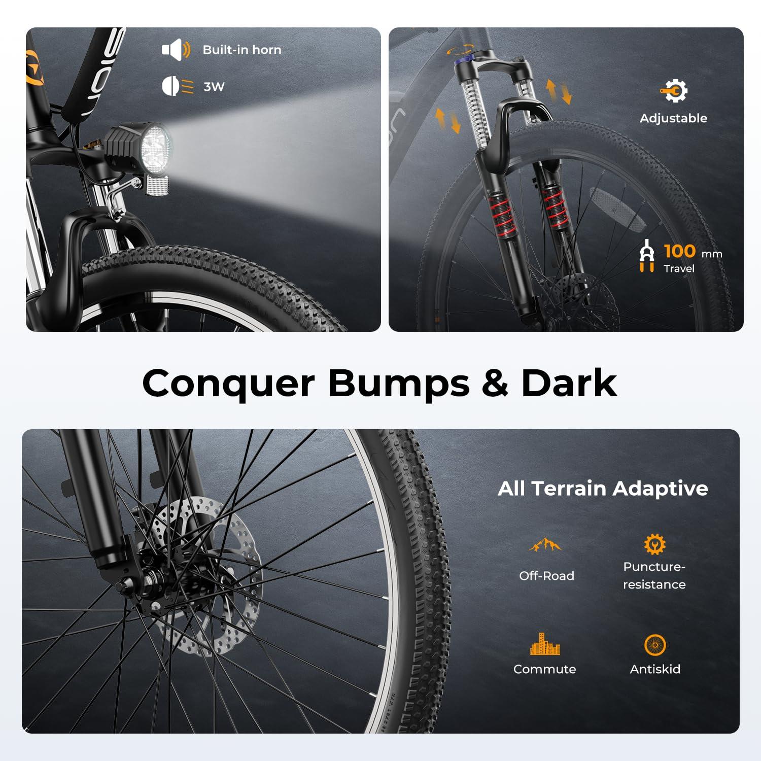 Jasion EB5 Electric Bike for Adults with Peak 500W Brushless Motor, 40Miles 20MPH Commuting Electric Mountain Bike with 360Wh Removable Battery, 7-Speed, 26" Tires and Front Fork Suspension - Image 6