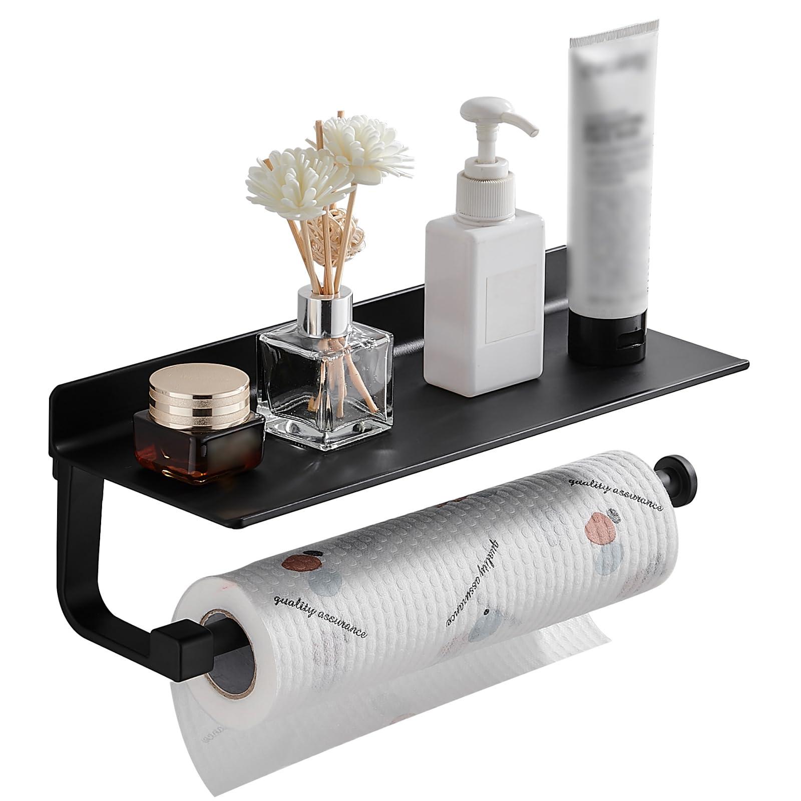 Danpoo Wall Mount Paper Towel Holder with Shelf for Bathroom/Kitchen, Adhesive Hand Towel Holder, Matte Black