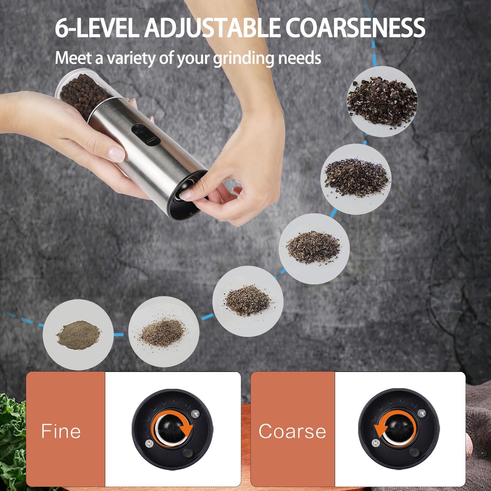 Enutogo Electric Salt and Pepper Grinder Set, Rechargeable Salt and Pepper Shakers Refillable, Automatic Pepper Mill with Adjustable Coarseness, One Hand Operation with LED light, Stainless Steel - Image 5