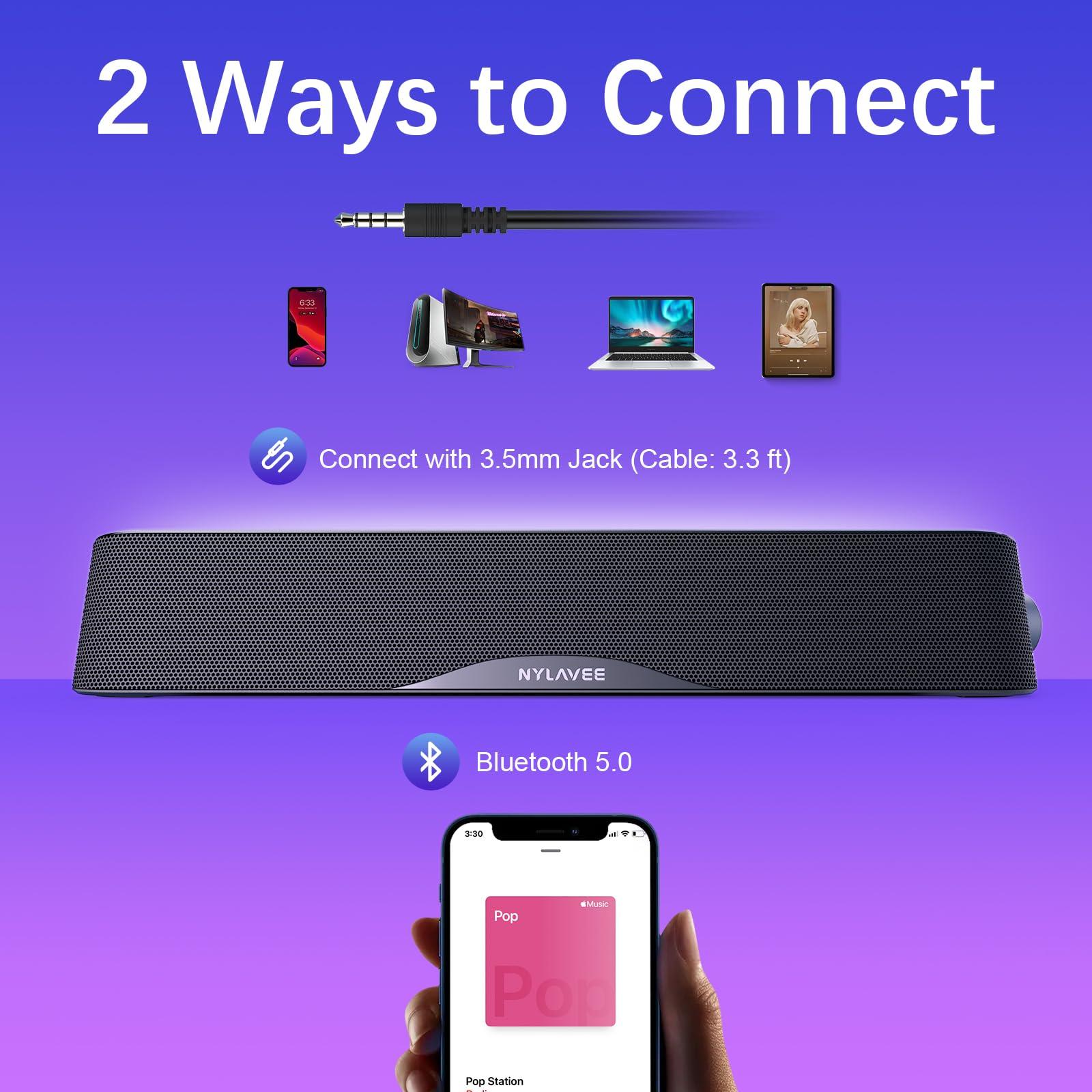 Computer Speakers, HiFi Sound Quality Computer Sound Bar, USB Powered PC Speakers, Bluetooth 5.0 and 3.5mm Aux-in Computer Speakers for Desktop, Laptops, PCs, Phones, Tablets, Xbox, Gaming Speakers - Image 3