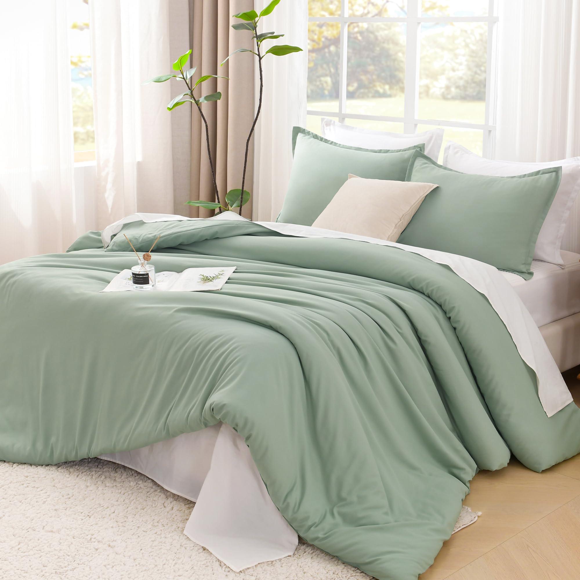 Litanika Queen Comforter Set Sage Green, 3 Pieces Lightweight Comforters Queen Size Solid Bedding Comforters Sets, Down Alternative Comforter Bed Set Quilt Blanket