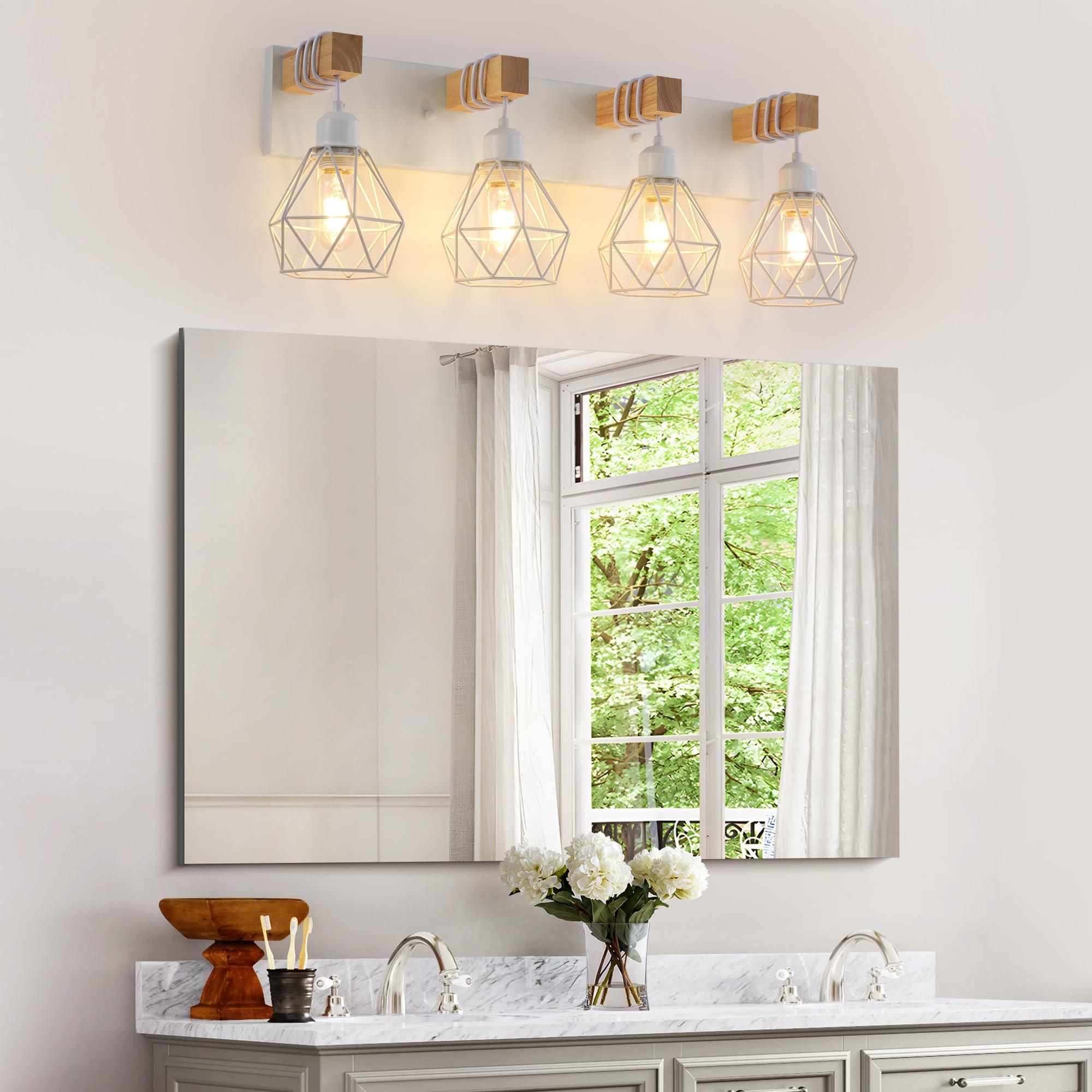 Farmhouse Vanity Light for Bathroom, 4-Light White Wood Bathroom Vanity Light Fixtures Over Mirror, Rustic Sconces Wall Lighting with Metal Lampshade for Living Room, Bedroom, Hallway - Image 6