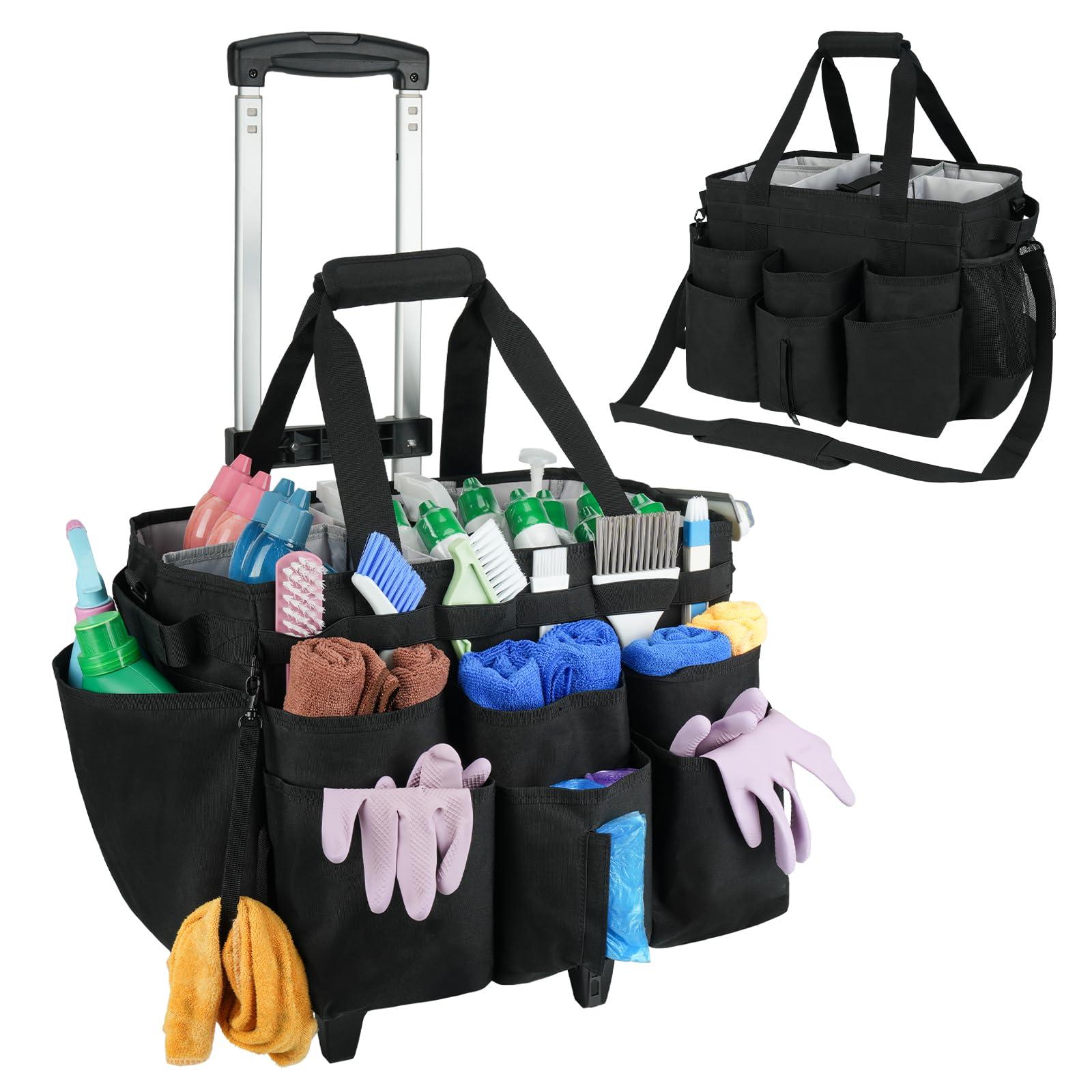 Large Rolling Cleaning Caddy Bag with Detachable Trolley,Cleaning Cart on Wheels with Shoulder Strap,Cleaning Supplies Organizer for Housekeepers,Black
