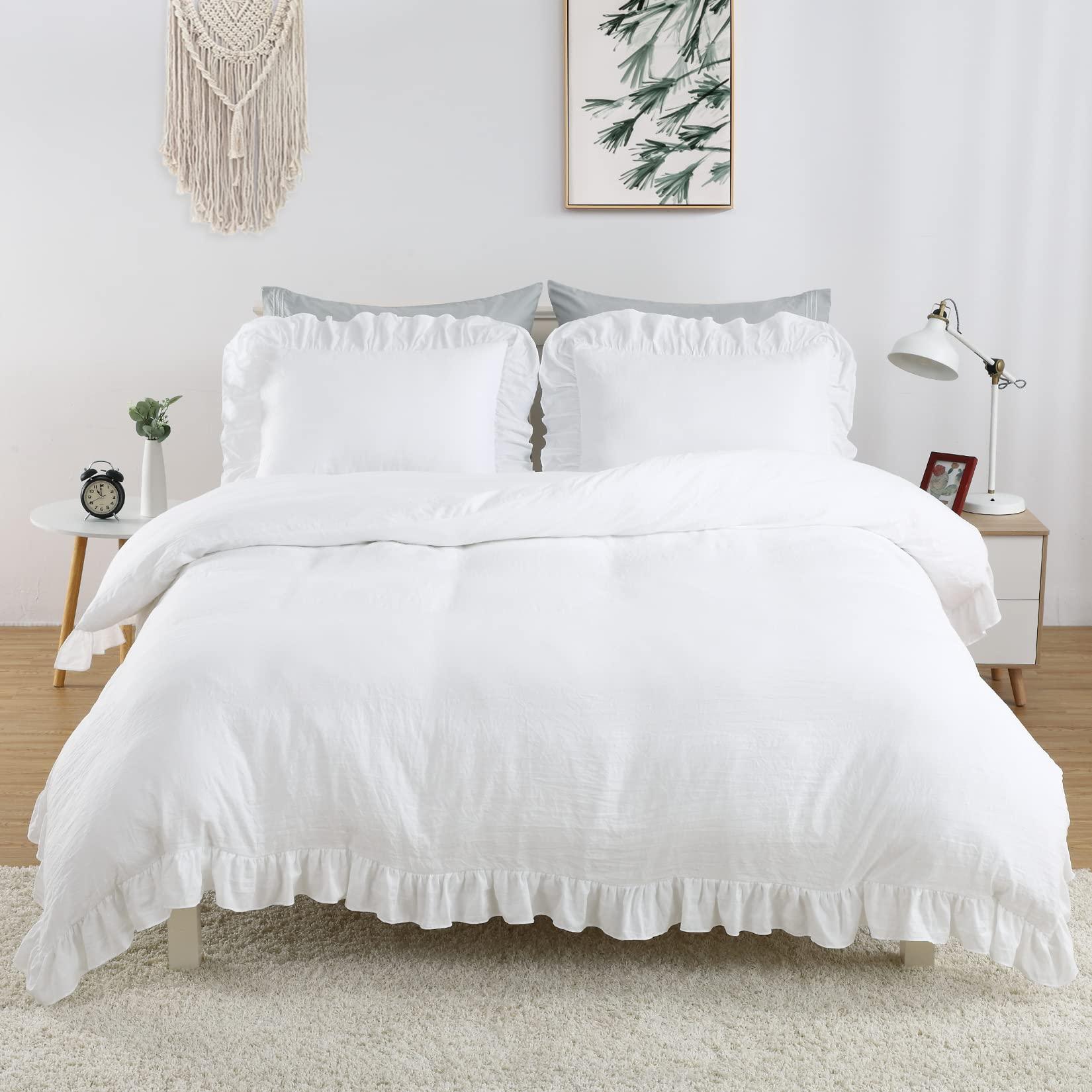 CAROMIO White Ruffle Duvet Cover Queen Size, 3PCS Soft Washed Microfiber Vintage French Country Duvet Cover Set for Queen Bed, White, 90x90 in - Image 2