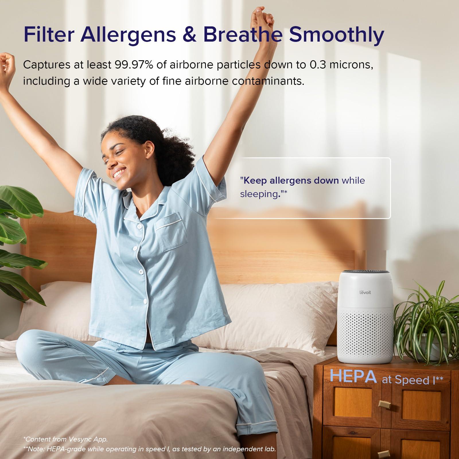 LEVOIT Air Purifiers for Bedroom Home, 3-in-1 Filter Cleaner with Fragrance Sponge for Better Sleep, Filters Smoke, Allergies, Pet Dander, Odor, Dust, Office, Desktop, Portable, Core Mini-P, White - Image 2