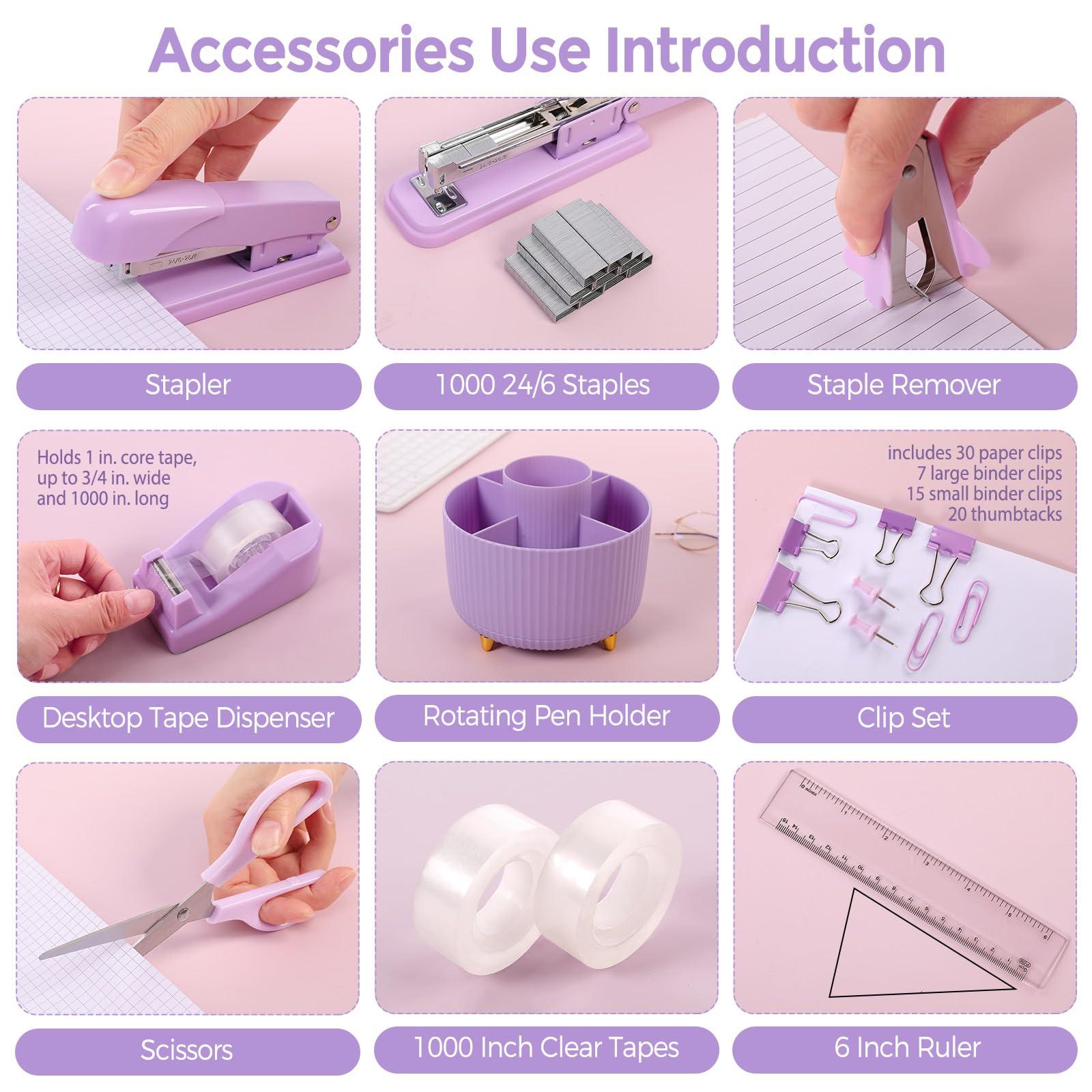 SKYDUE Purple Office Supplies Set, Purple Office Desk Accessories 10PCS, Pencil Holder for Desk, Stapler, Tape Dispenser, Scissors, Ruler, Binder/Paper Clips and 1000pcs Staples,Desk Supplies Set - Image 4