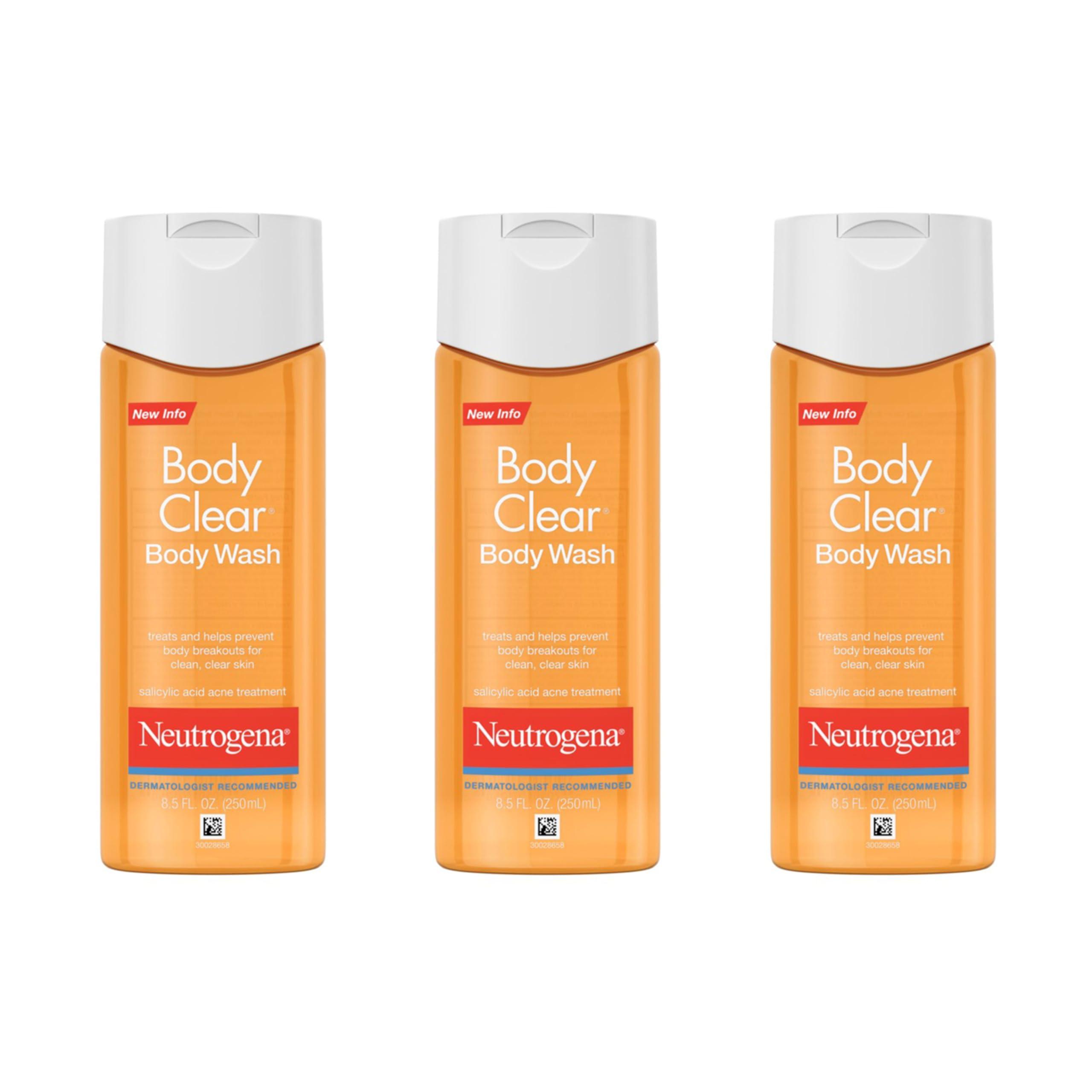 Neutrogena Body Clear Acne Body Wash with Glycerin & 2% Salicylic Acid Acne Medication, Oil-Free Acne Wash for Breakouts on Back, Chest & Shoulders, Non-Comedogenic, 8.5 fl. Oz, 3 Pack