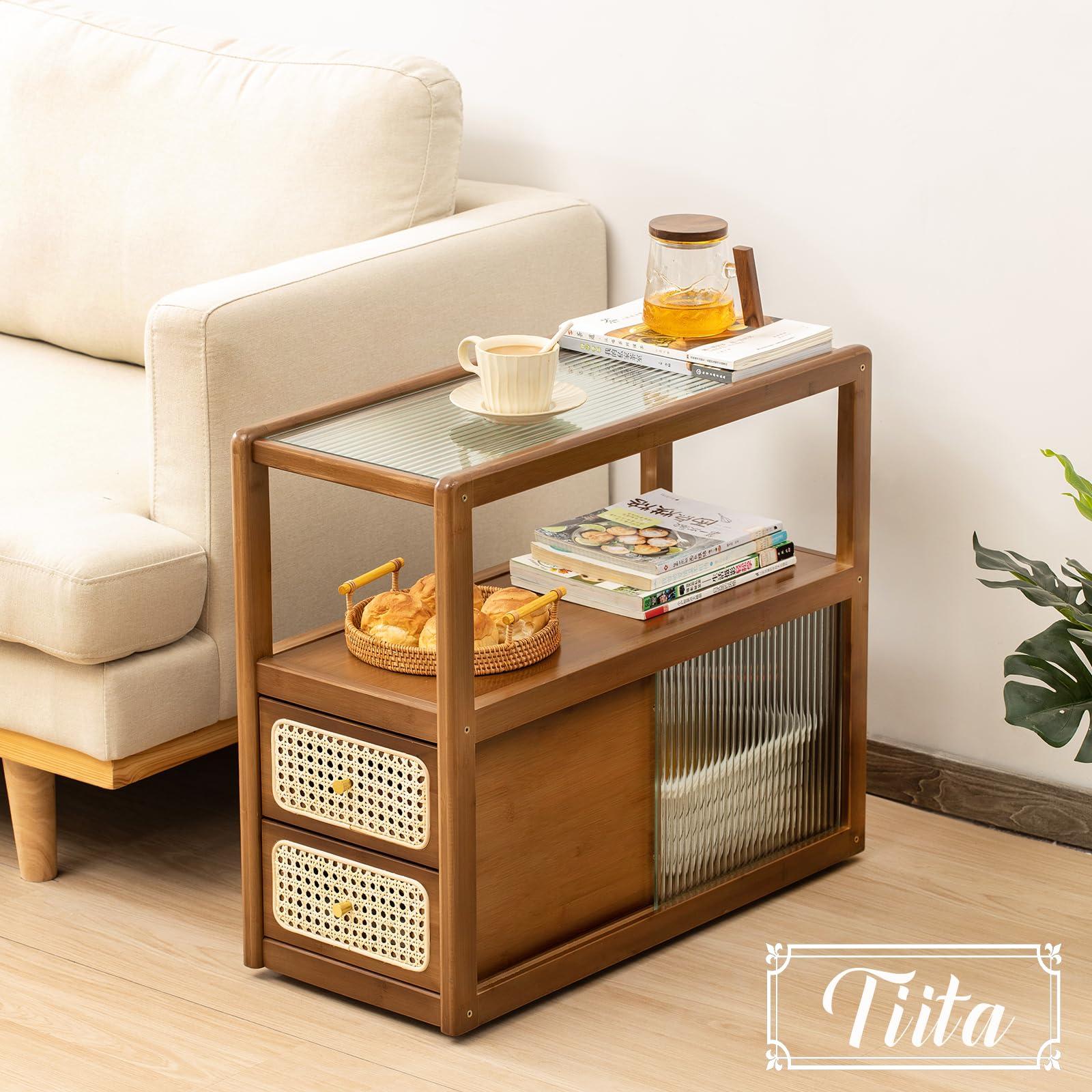 Tiita Rattan Nightstand Side Table, Bamboo Accent Bedside Tables, Glass Coffee Tables, Boho Wooden End Table with Storage for Small Space, Living Room and Bedroom - Image 5