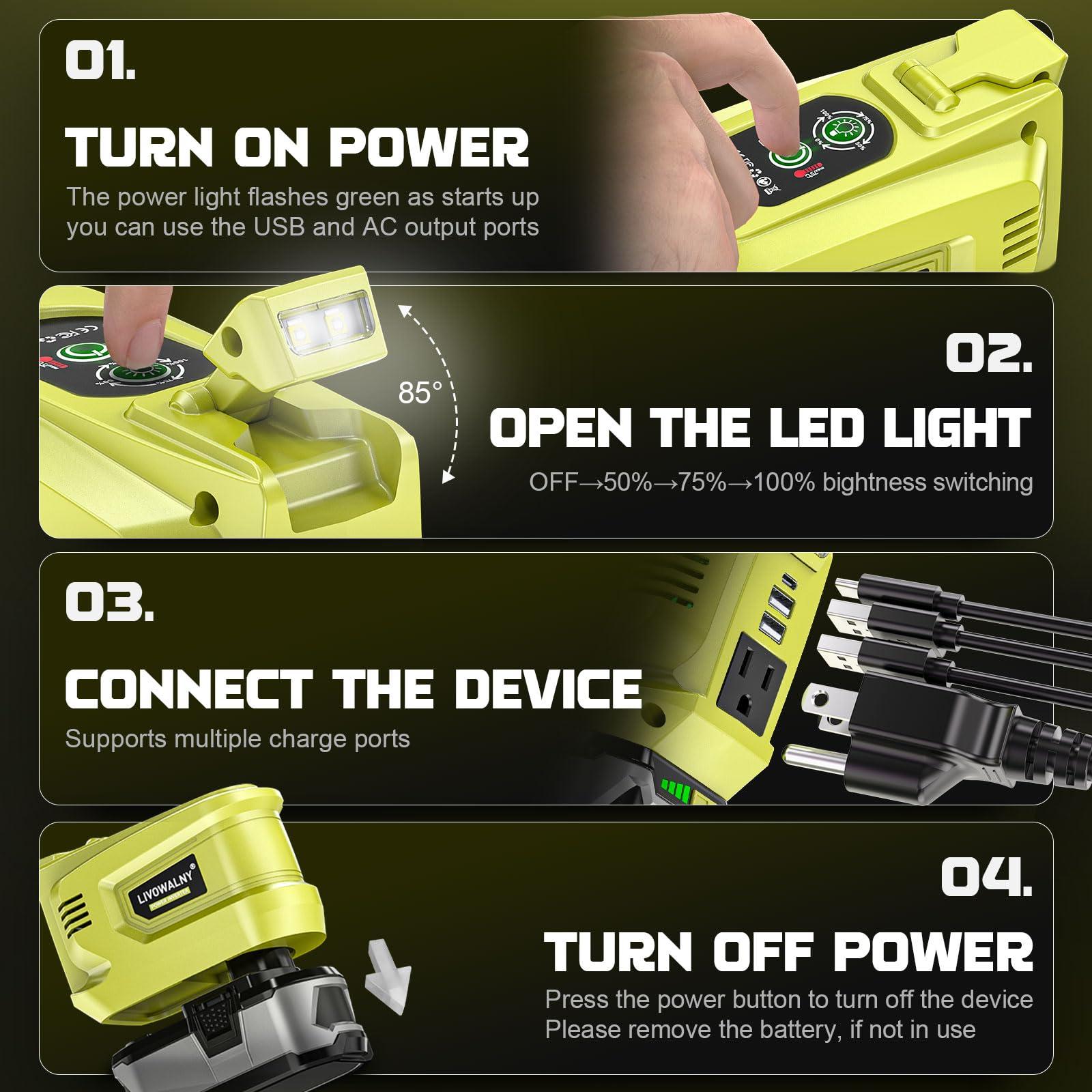 200W Power Inverter for Ryobi 18V, DC 18V to AC 110-120V Battery Inverter, Portable Power Station Generator, Charger Adapter Battery Powered Outlet with 2 USB Ports & 1 Type-C & 1 AC Outlet - Image 5