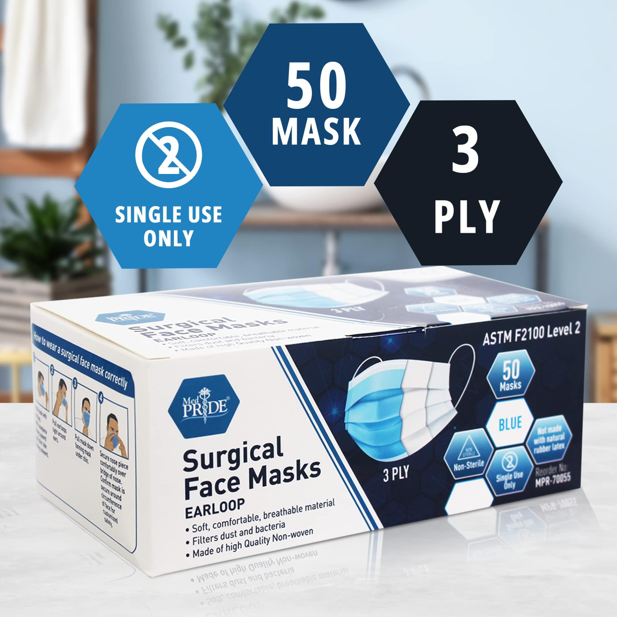 MED PRIDE Blue Medical Masks, Pack of 50 Face Masks, Disposable 3-Ply Earloop Masks, Breathable Non-Woven, Comfortable and Protective for Adults - Image 2