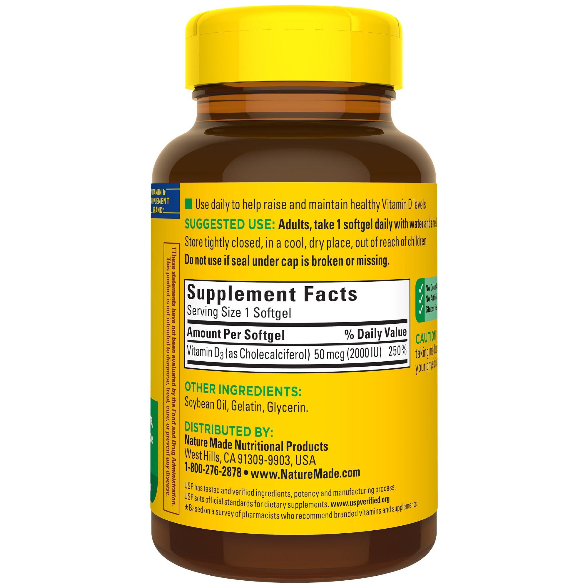 Nature Made Vitamin D3 2000 IU (50 mcg), Dietary Supplement for Bone, Teeth, Muscle and Immune Health Support, 250 Softgels, 250 Day Supply - Image 8