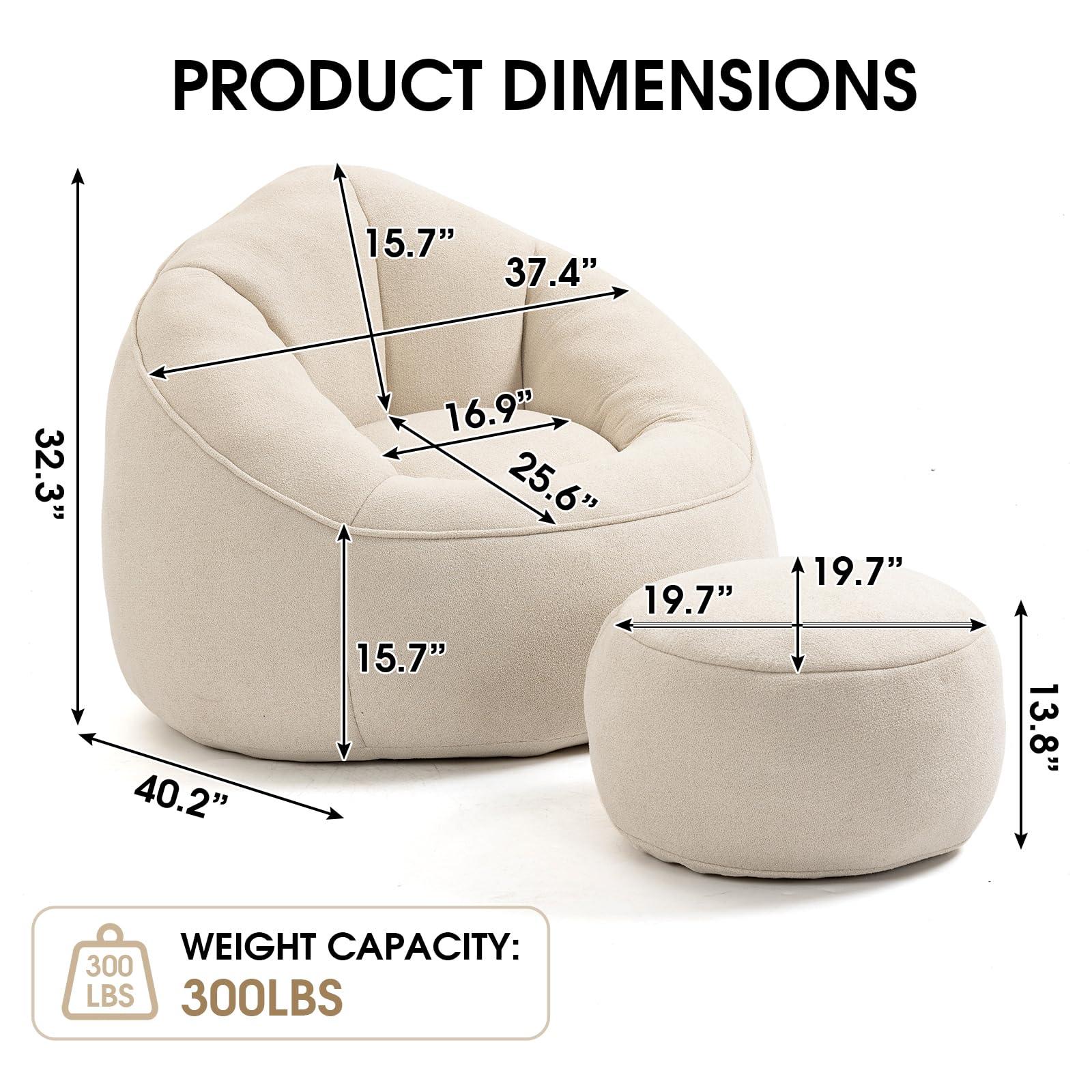 Sudwesto Bean Bag Chair for Adult, Microfiber Upholstered Bean Bag Sofa with Petal Back, Shell-Shaped Beanbag Chair with Footstool, Memory Foam Stuffed Lazy Sofa for Living Room, Bedroom (Beige) - Image 2
