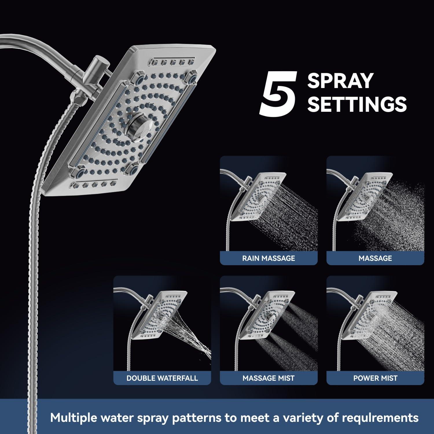 ELLO&ALLO Rain Shower Head with Handheld Spray, Rainfall Shower Head Combo with 60" Hose, Adjustable Dual Showerhead Set with 3-Way Diverter, Brushed Nickel - Image 2
