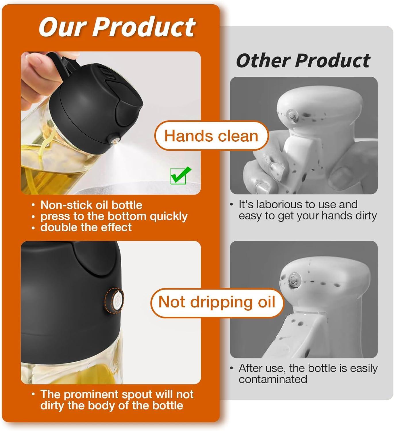 KASHLAND Oil Sprayer for Cooking 2 in 1, 470ml/16oz, Oil Spray & Dispenser Glass Bottle, Food-grade material for Kitchen, Salad Dressing, Frying, Air Fryer & BBQ (Black) - Image 4