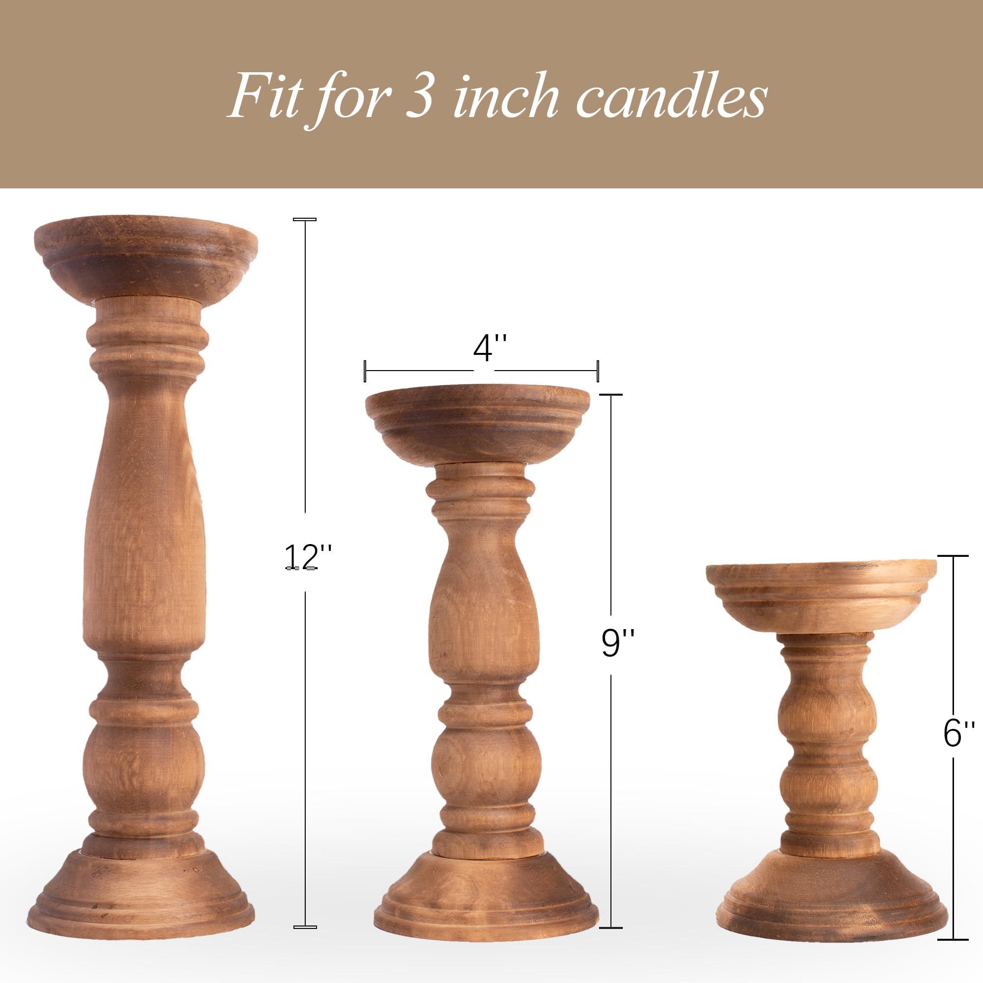 Farmhouse Wooden Candle Holders for Pillar Candles Set of 3, Rustic Wood Candle Holder Table Centerpiece Decor, 12'' 9'' 6'' Vintage Tall Candle Stand Decorative, Brown - Image 3