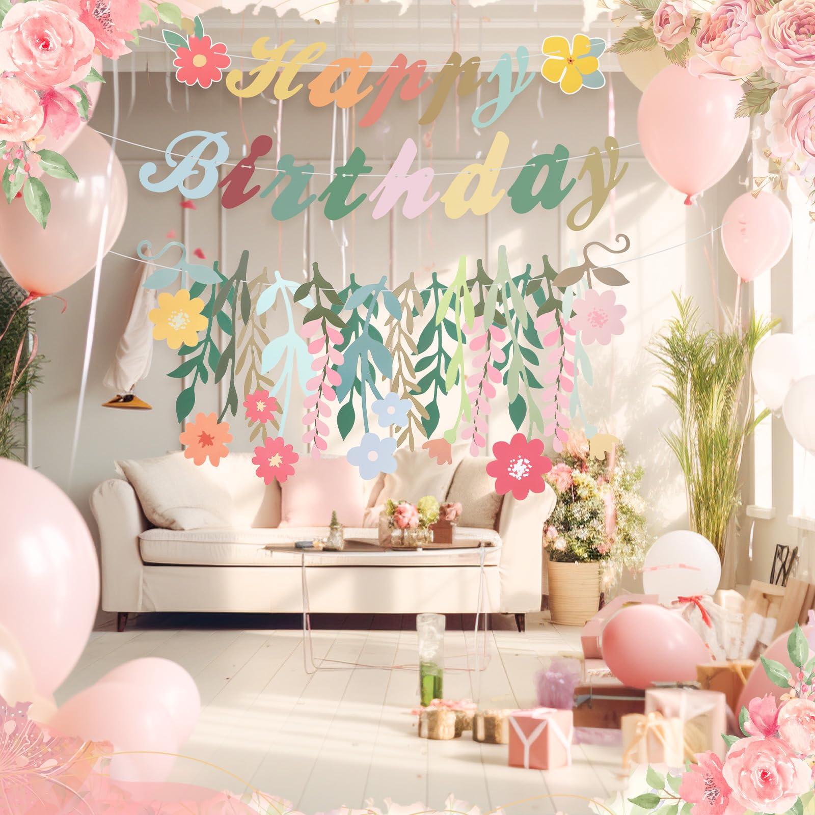 Trandraft 3 Pcs Flower Birthday Party Decorations Wildflower Garland Floral Happy Birthday Banner Spring Decor Boho Hanging Decorations for Women - Image 7