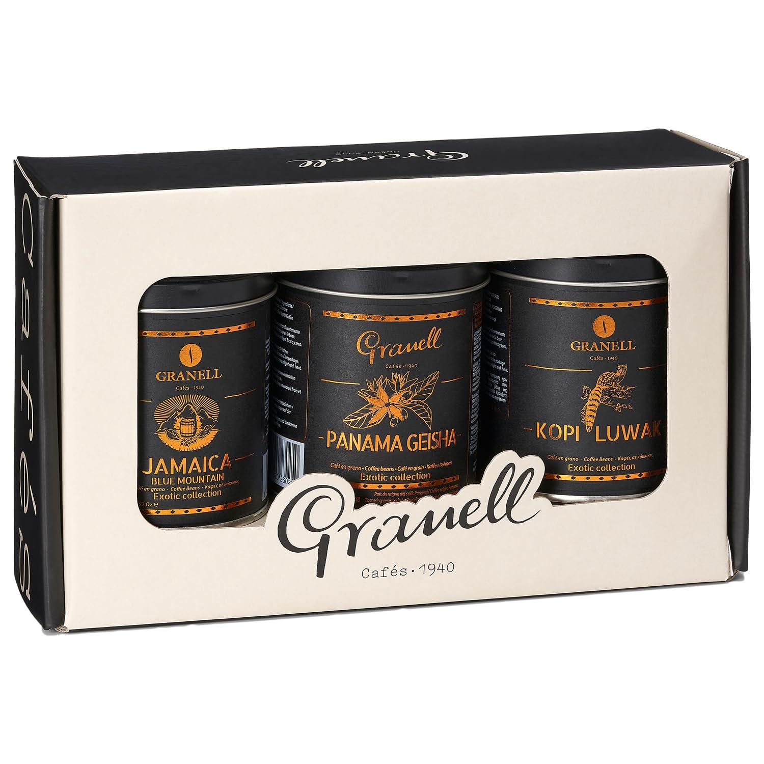 Cafés Granell Kopi Luwak, Blue Mountain (Jamaica) & Panama Geisha Coffee 3 Pack Gift Set | Exotic Collection Fresh Whole Beans Quality Controlled 100% Arabica Coffee-Premium Medium Roast 3.53oz ea.