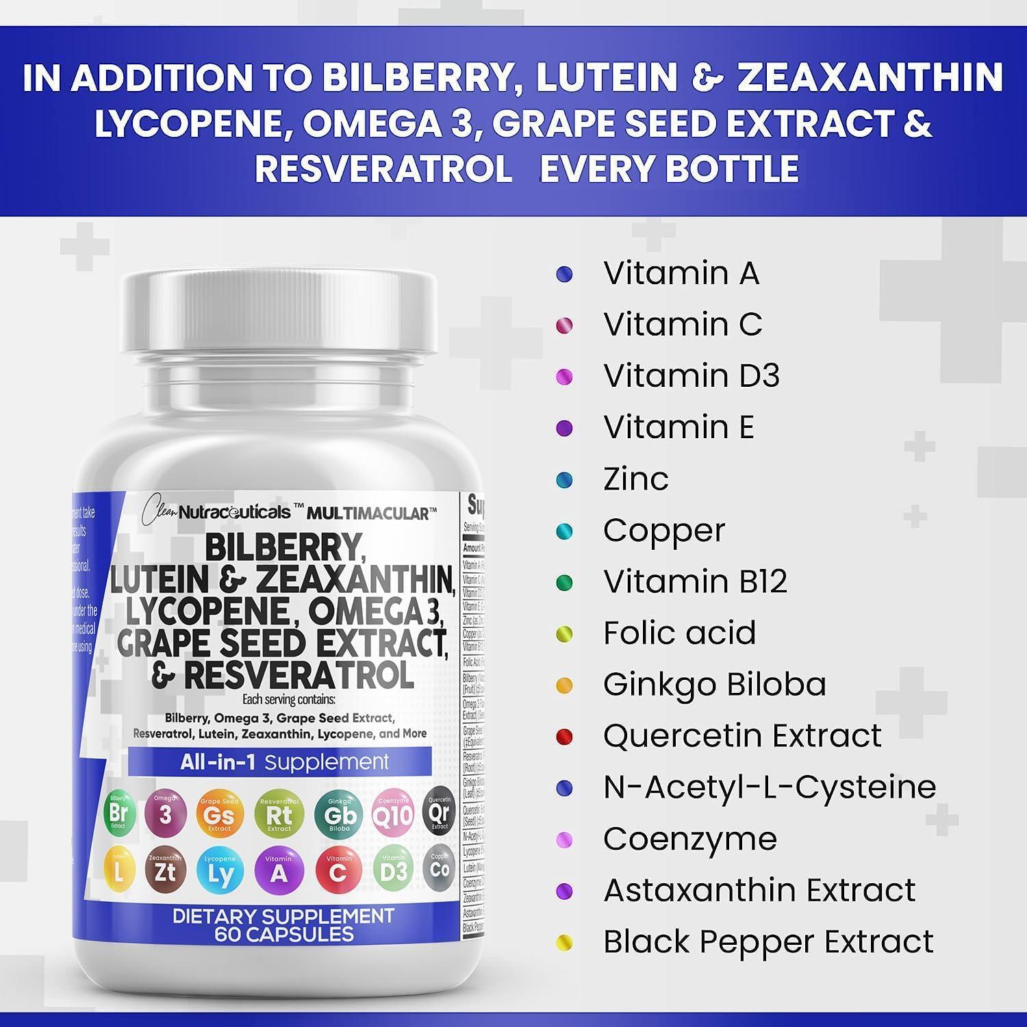 Clean Nutra Eye Vitamins with Bilberry Lutein and Zeaxanthin Supplements Lycopene 40mg Resveratrol Grape Seed Astaxanthin for Eyes - Eye Care Health Support Eye Vitamin and Mineral Supplement - Image 4