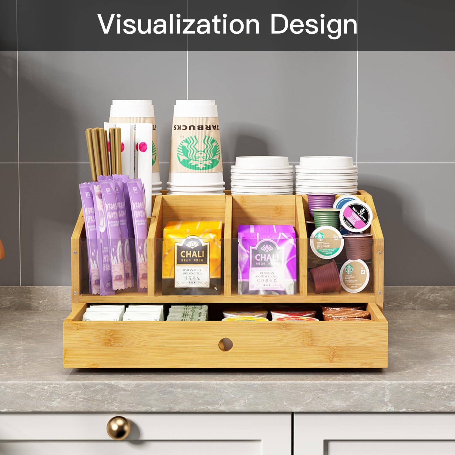 AEEHFENG Coffee Station Organizer for Countertop Coffee Condiment Organizer, Office Coffee Station, Small Cute Coffee Bar Organizer – Bamboo & Wooden Storage with Removable Dividers & Drawer - Image 6