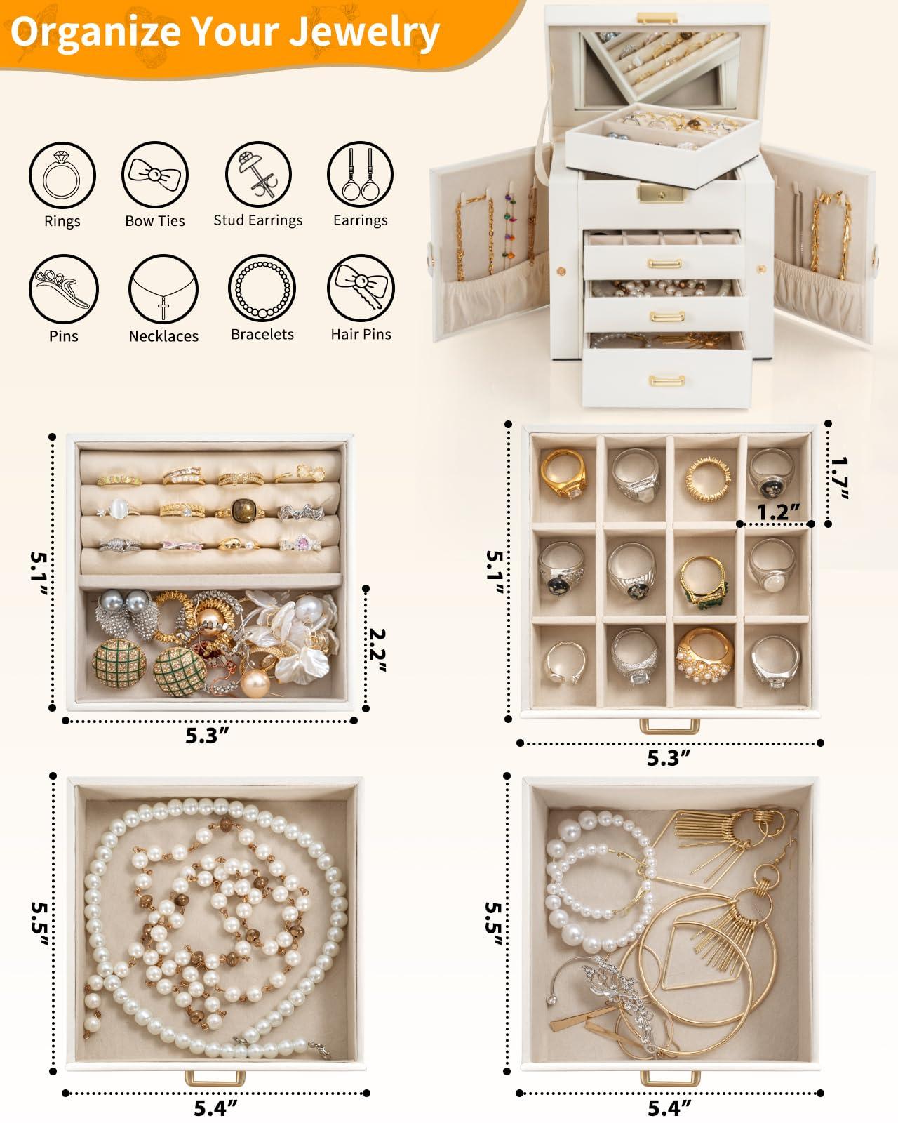 AKOZLIN 4-Tier Jewelry Box Leather Jewelry Storage Organizer with 3 Drawers Lockable for Women Girls Ring Necklace Earring Bracelet Holder with Mirror White - Image 3
