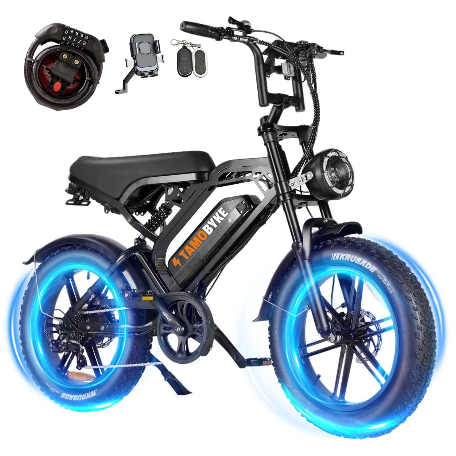 Tamobyke Moped Style 1500W/2000W Electric Bike,30mph/33mph Ebike&34-180Miles PAS Range,48V15.6ah/18.2ah/ (874Wh) Larger Battery, 20'' Fat Tire Electric Bike for Adults,UL Safety Certified.