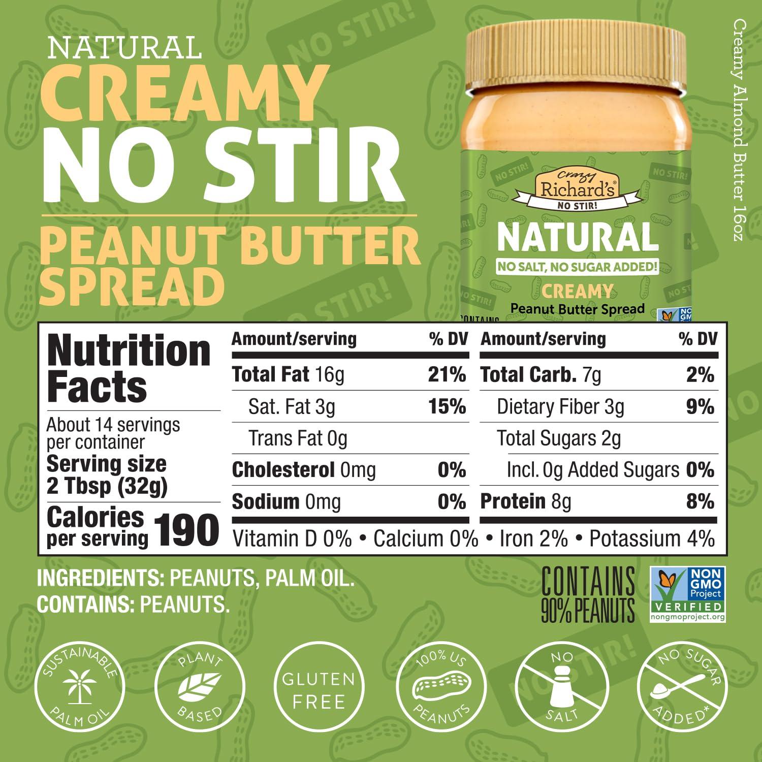 Crazy Richard's Creamy No Stir Peanut Butter with No Added Salt, Sugar, Or Preservatives (1 Pack) - Image 2