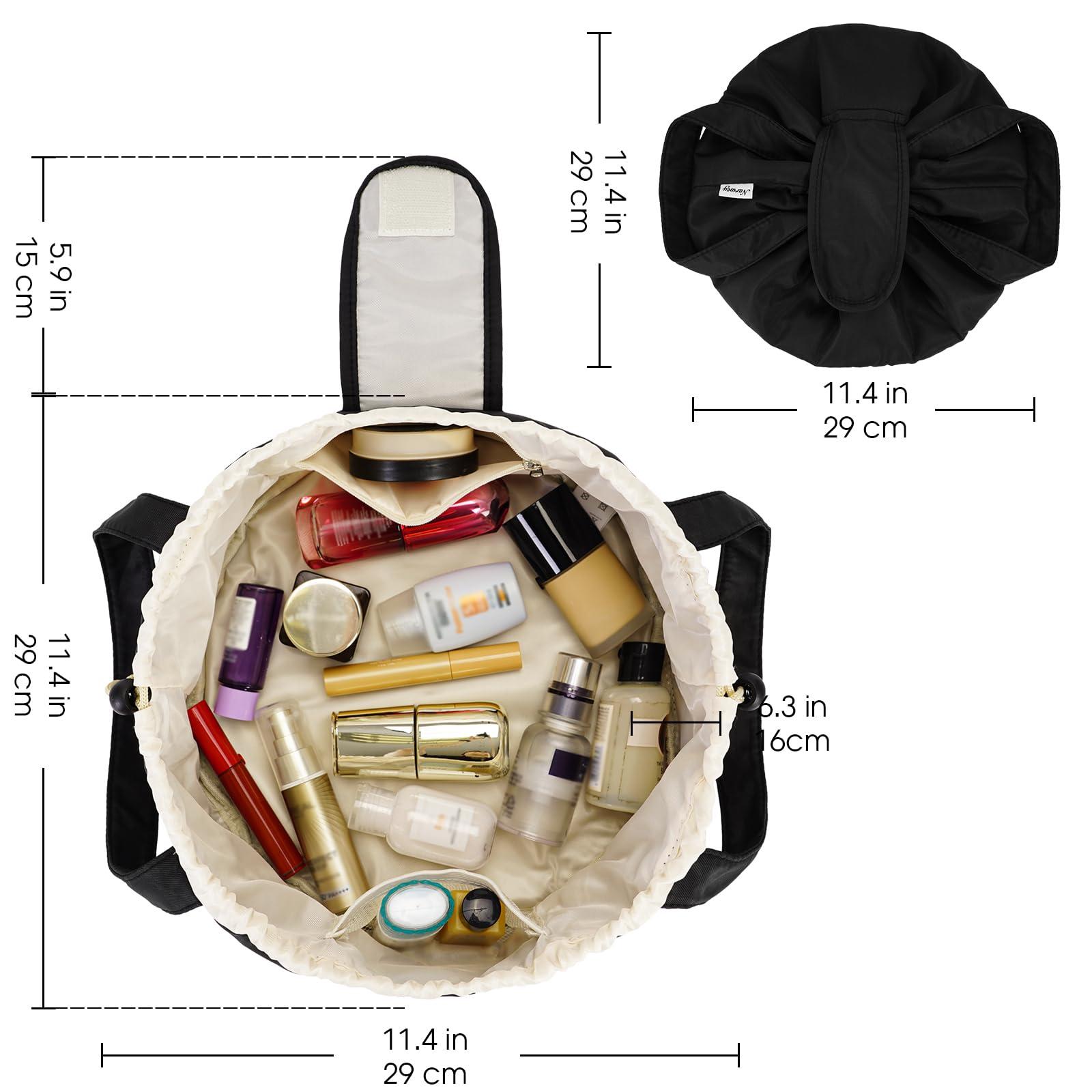 Narwey Barrel Drawstring Makeup Bag Large Cosmetic Bag Make up Bags Women and Girls Toiletry Organizer for Travel Toiletries Accessories Essentials (Black) (Patent) - Image 2
