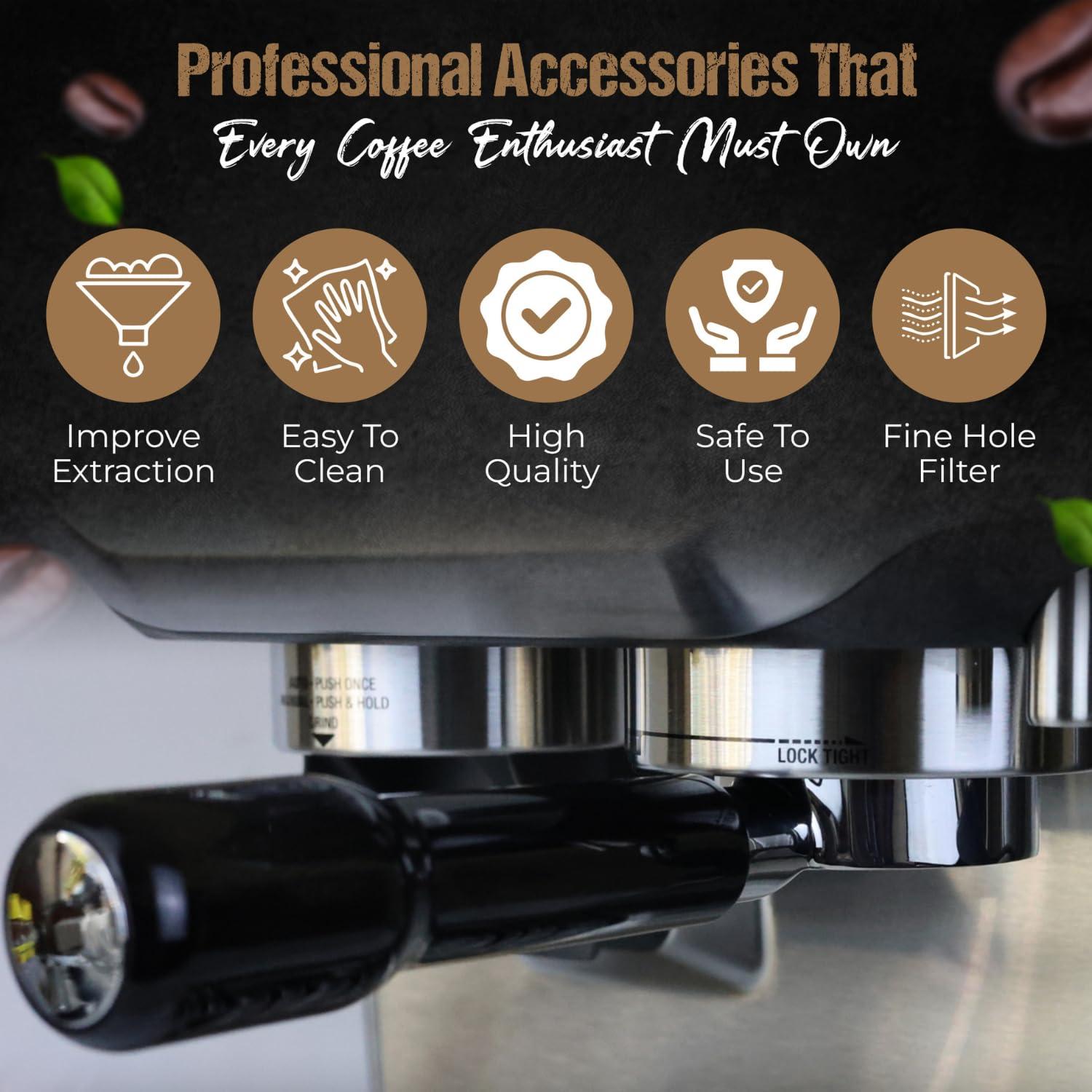 54mm Bottomless Portafilter 3 Ears ABS Handle – Fits Breville Barista Express, Bambino, Impress, Duo Temp Pro and Infuser – Includes 18g Filter Basket Hands-Free Dosing Funnel & 1.7mm Puck Screen - Image 5