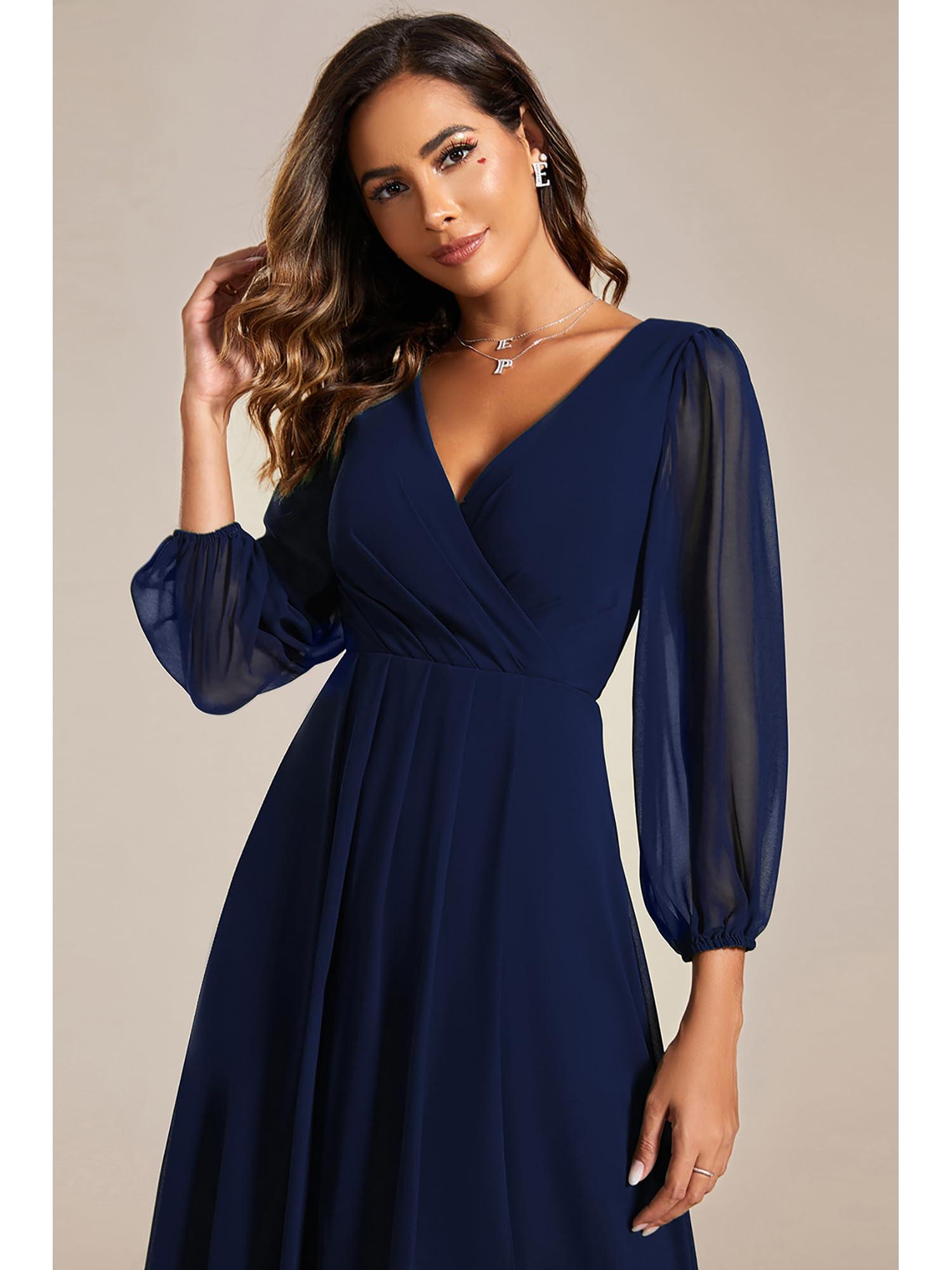 Ever-Pretty Women's Chiffon V Neck Long Sleeves Pleated A-Line Midi Length Wedding Guest Dress 01926 - Image 5