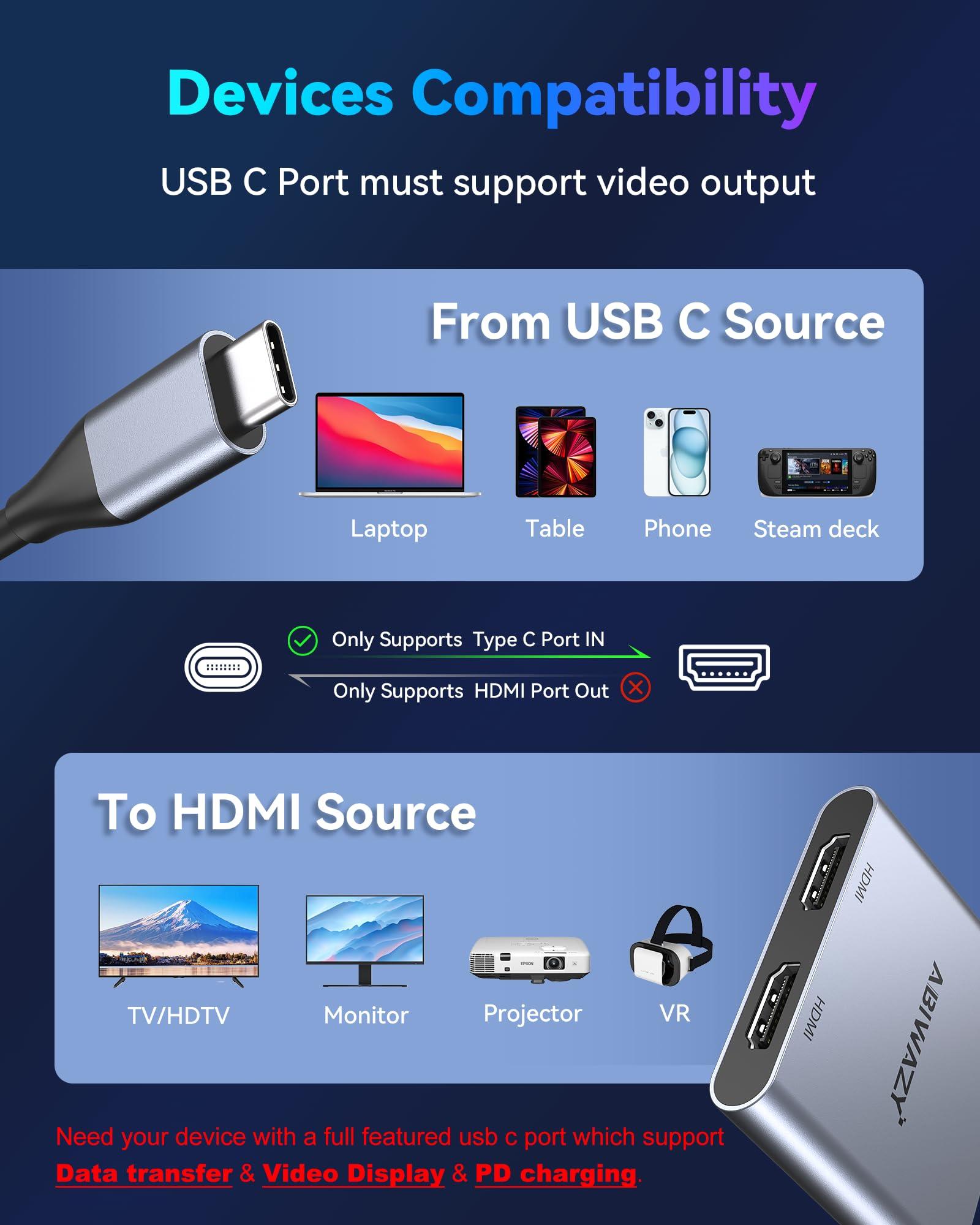 USB C to Dual HDMI Adapter 4K@60Hz,HDMI Splitter for Dual Monitors Extend Display, USB C HUB Multi Monitor Adapter to 2HDMI Ports Converter for Dell XPS 13/15/17, HP, Lenovo, Surface Type C Laptop - Image 5
