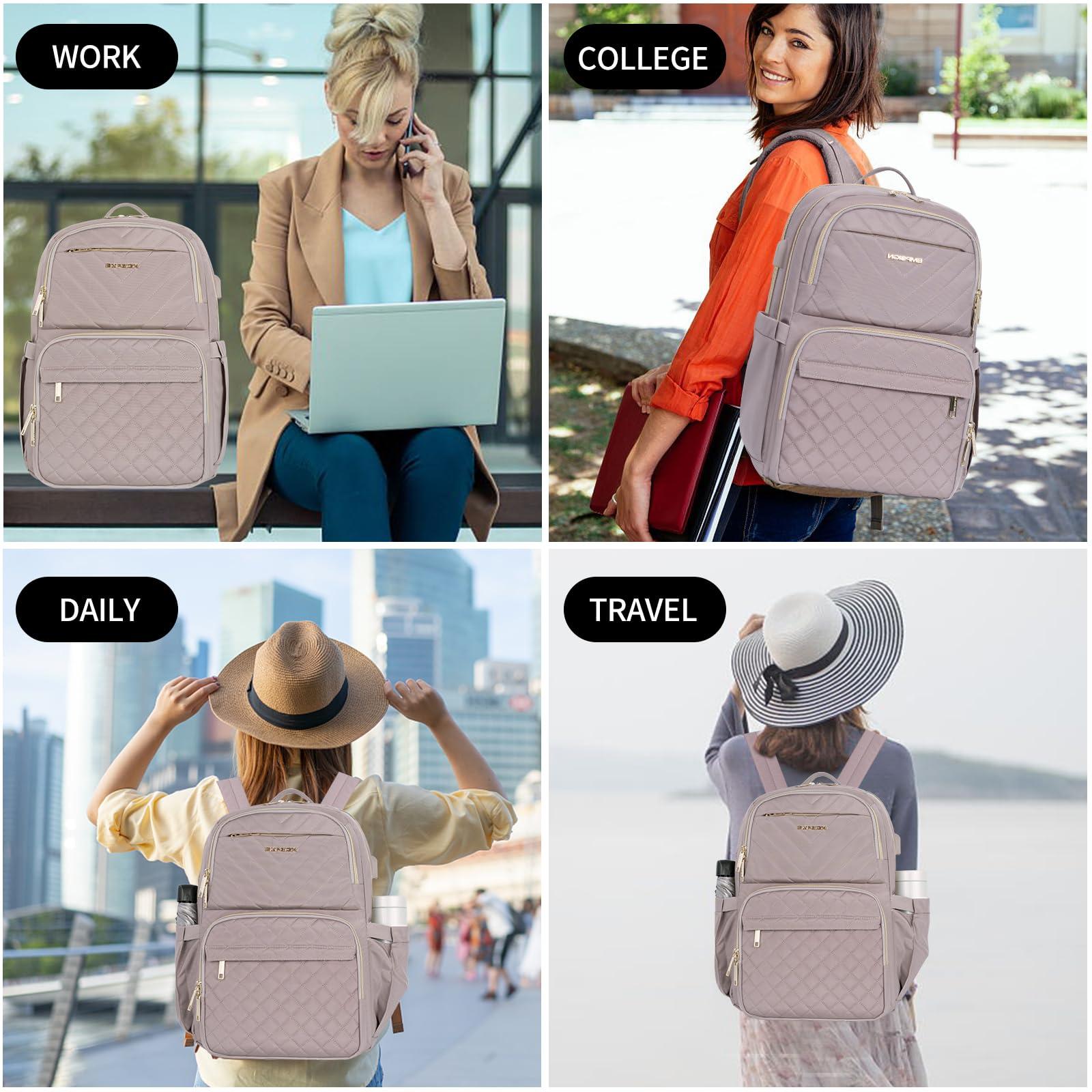 EMPSIGN Laptop Backpack Purse for Women and Men with USB Charging Port, 15.6 Inch Travel Water Resistant Quilted Backpack, High-Capacity 30L Work Business Computer Backpack, Quilted Grey Pink - Image 7