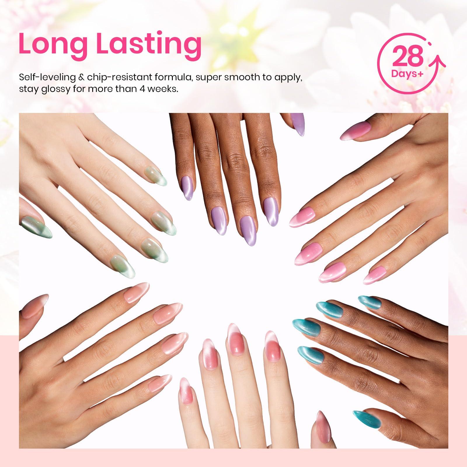 Beetles Cat Eye Gel Nail Polish Set, 6 Colors Pastel Shimmer Glitter Gel Polish Kit Soak Off LED UV Curing Requires Pink Red Blue Orange Green Purple Velvet Gel with Magnet Gift for Women - Image 7