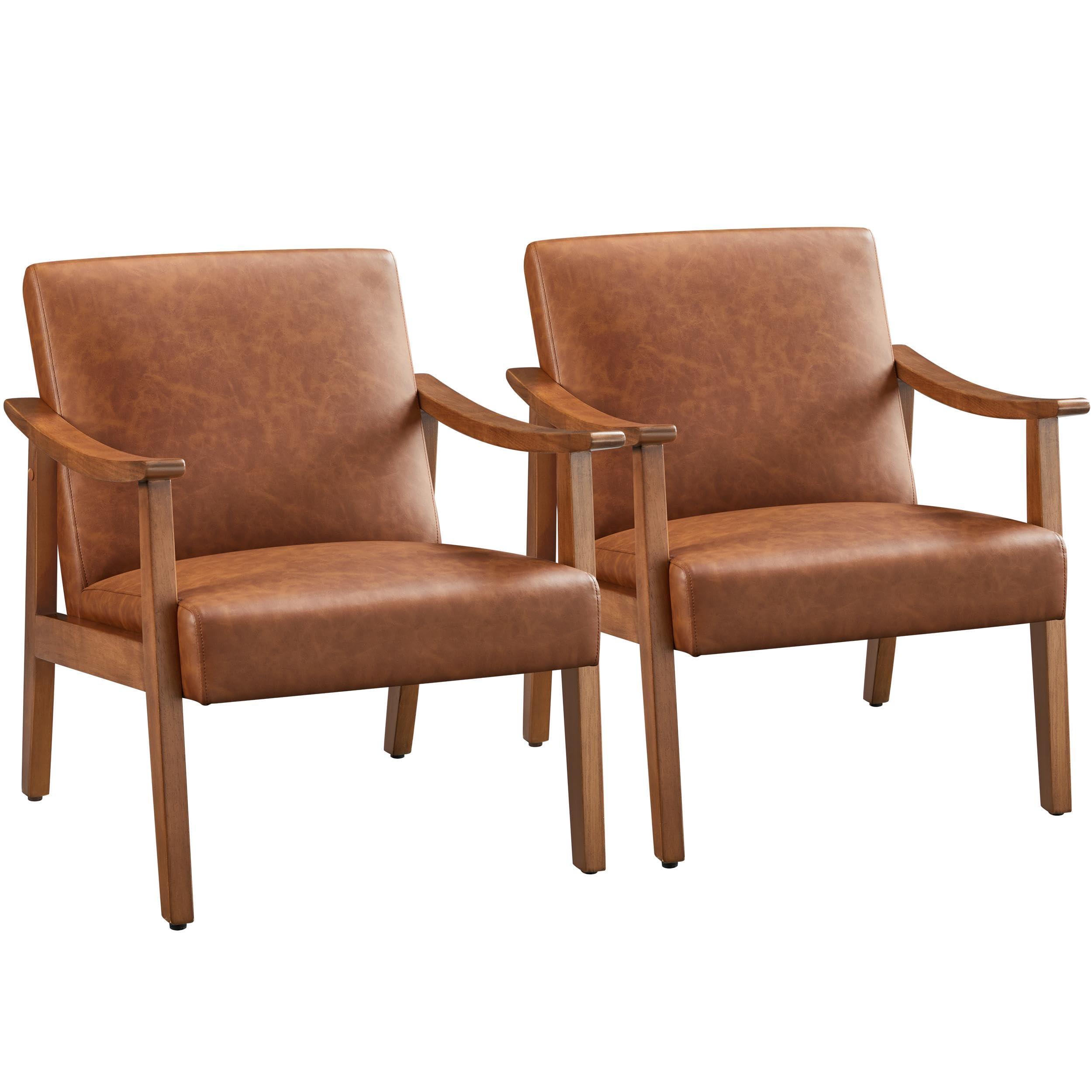 Yaheetech PU Leather Accent Chair, Mid-Century Modern Armchair with Solid Wood Legs, Reading Leisure Chair for Living Room Bedroom Waiting Room, Light Brown, Set of 2